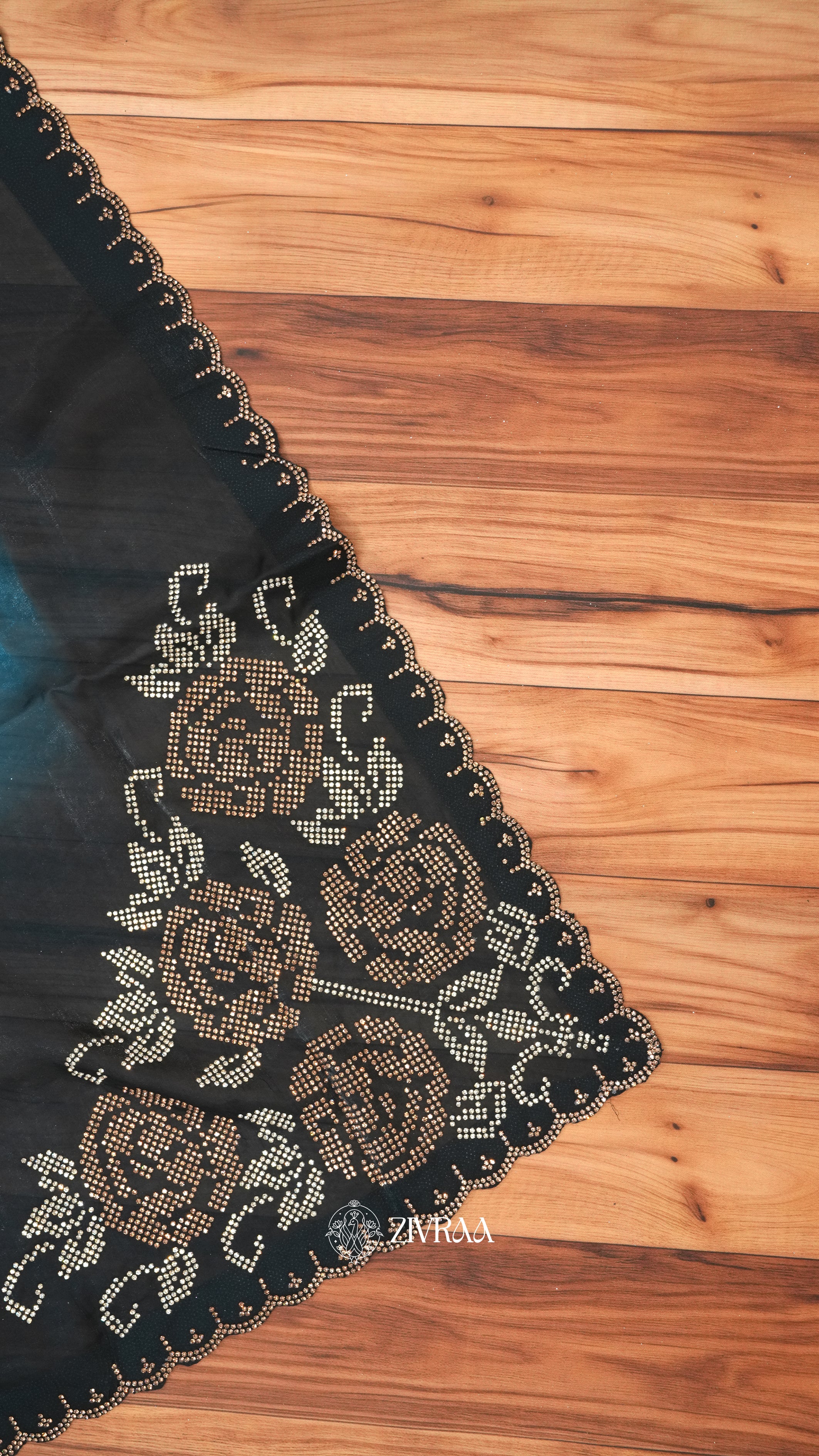 Elegant Black–Maroon Ombre Saree with Stone Floral Border