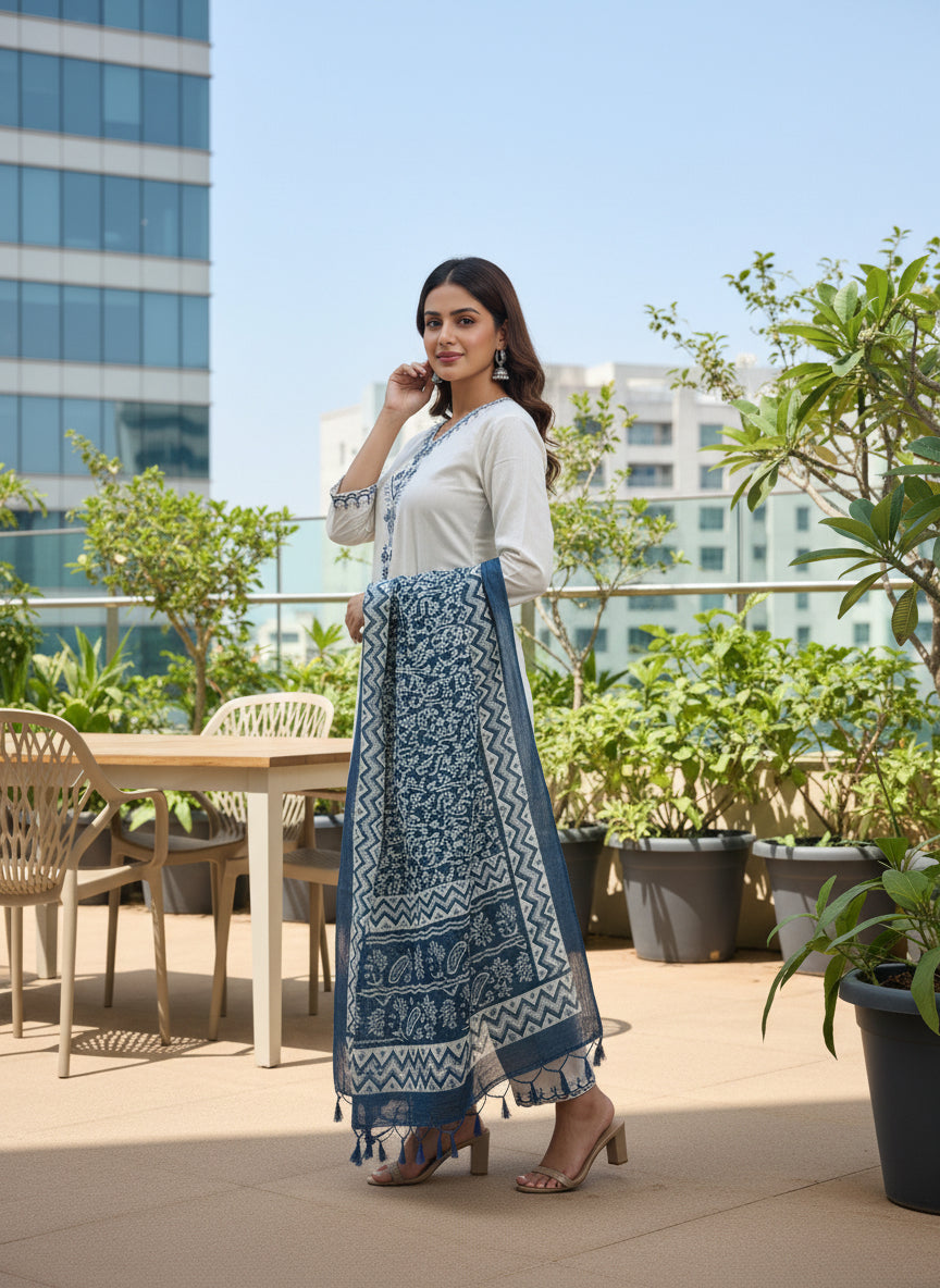 Elegant Off White & Blue Printed 3 Piece Kurta Set for Women – Straight Fit Kurta with Pant & Tassel Dupatta | Festive, Office & Casual Ethnic Wear