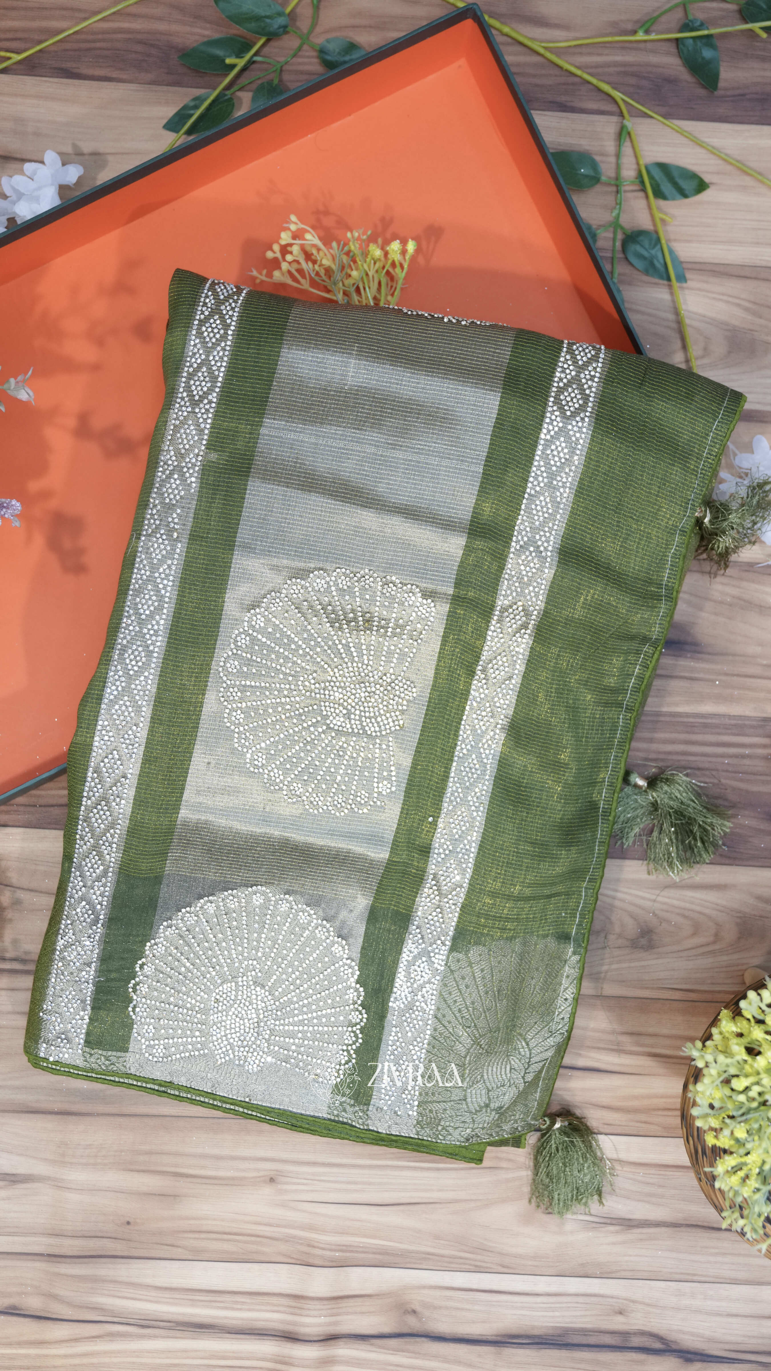Rust Brown Silk Blend Saree with Swarovski Floral Motif Border