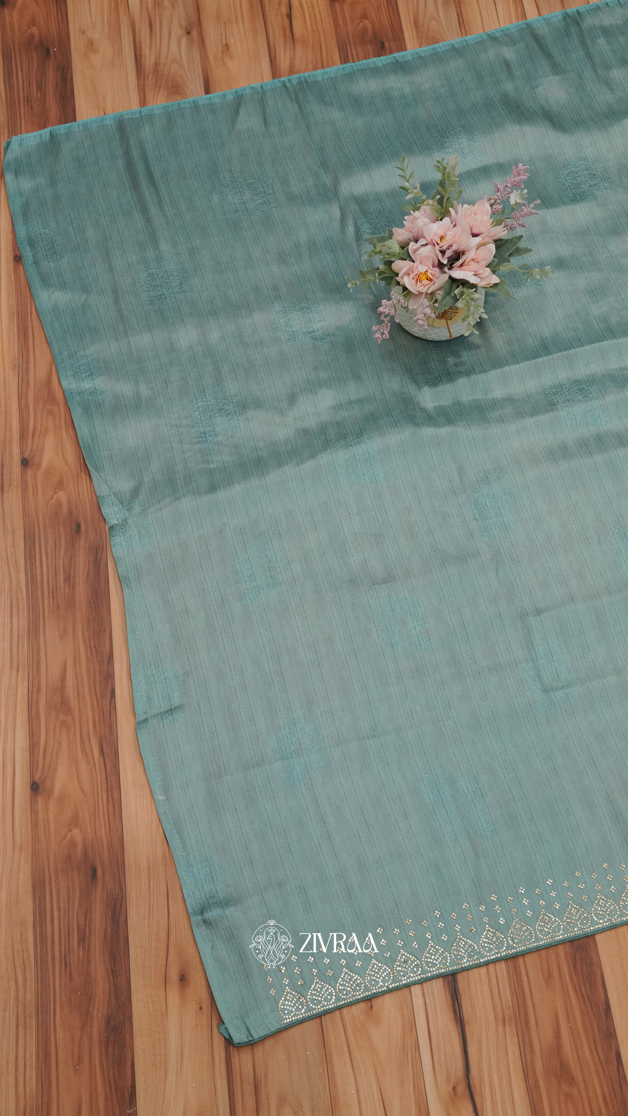 Sea Green Folk Art digital Printed Saree with Embellished Border