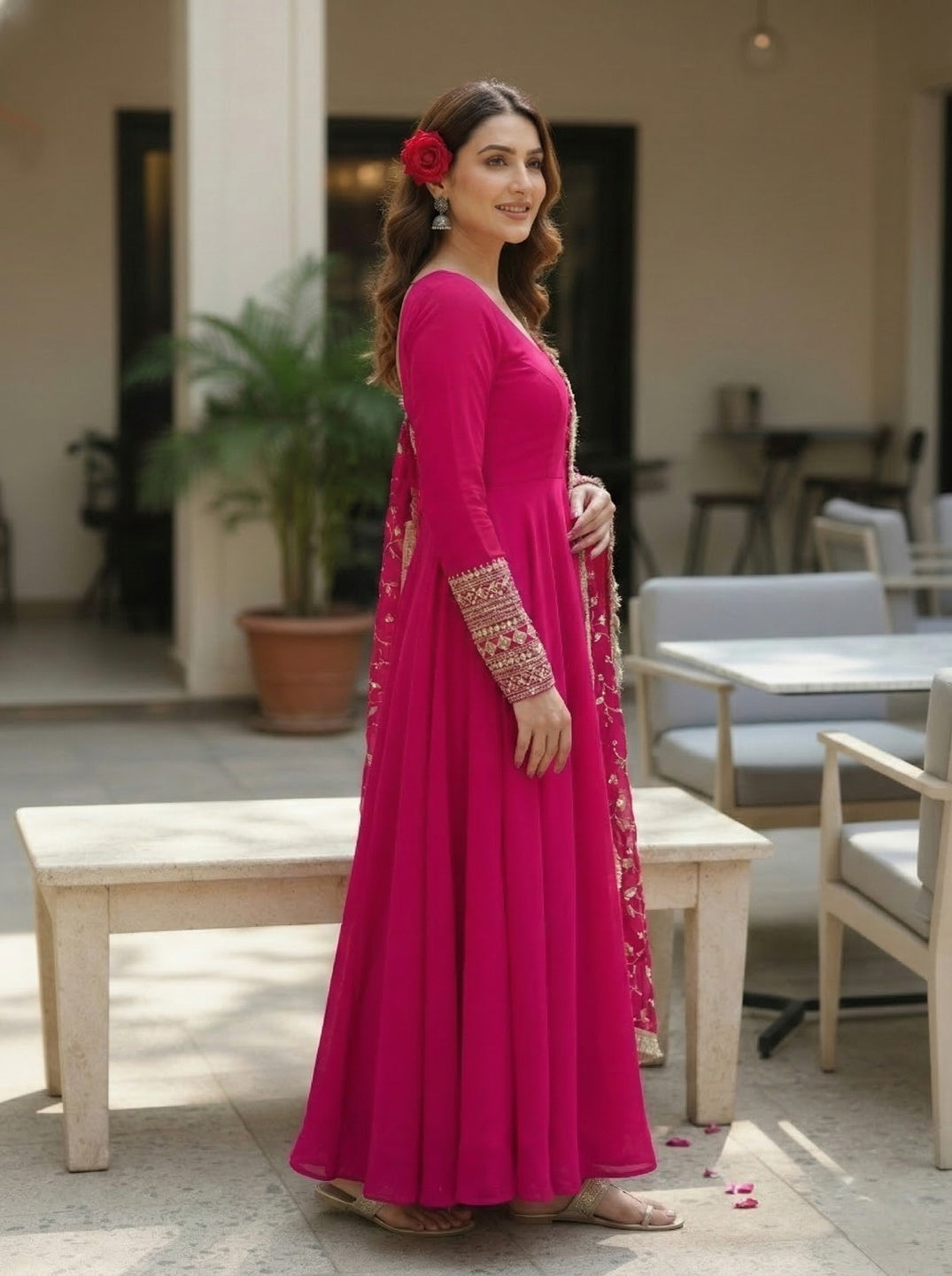 Georgette Anarkali Gown Set with Embroidered Dupatta & Pant – Festive Wear | Fully Stitched