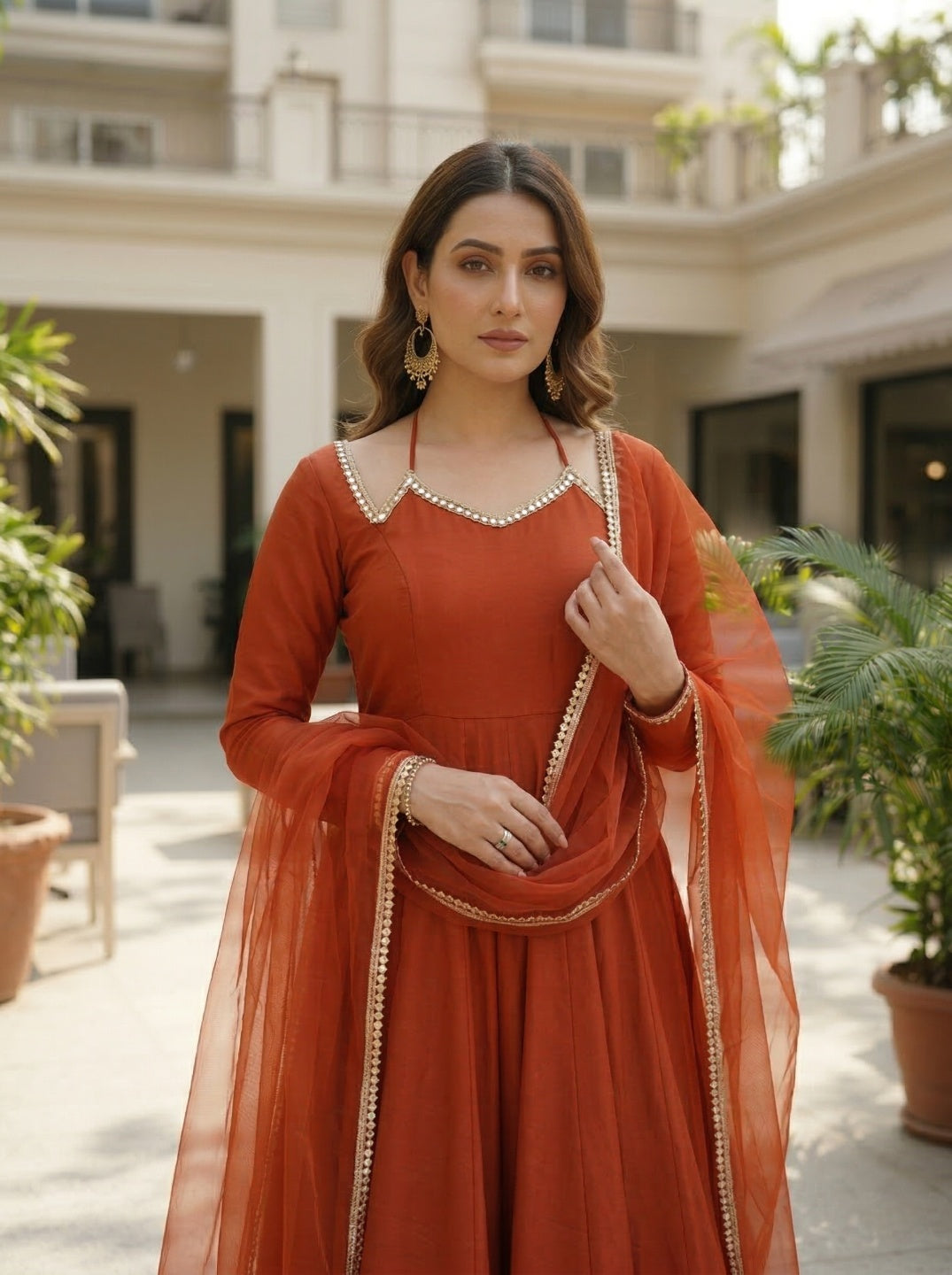 Anarkali Kurta Set with Net Dupatta | Roman Silk Chanderi Festive Wear for Women