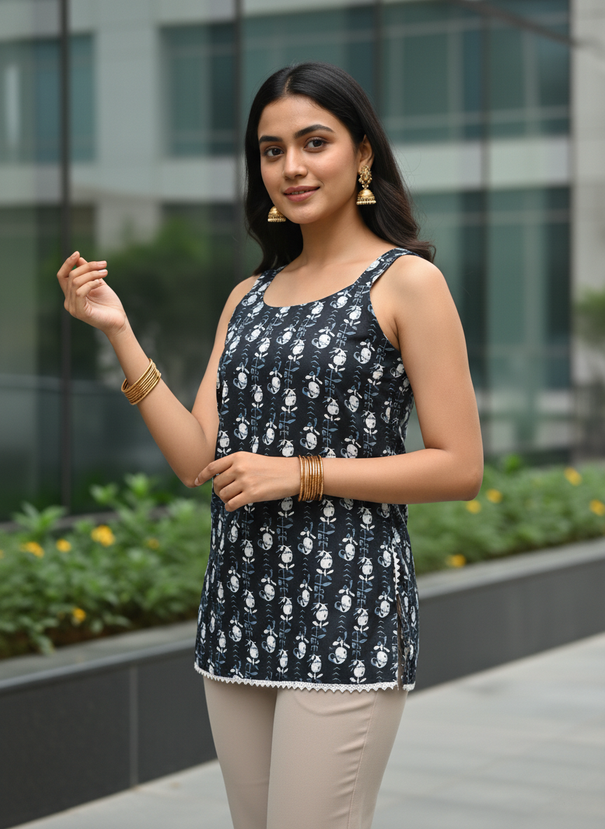 Navy Blue Floral Printed Straight Kurti with Boat Neck - and Sleeveless Cotton Blend Design