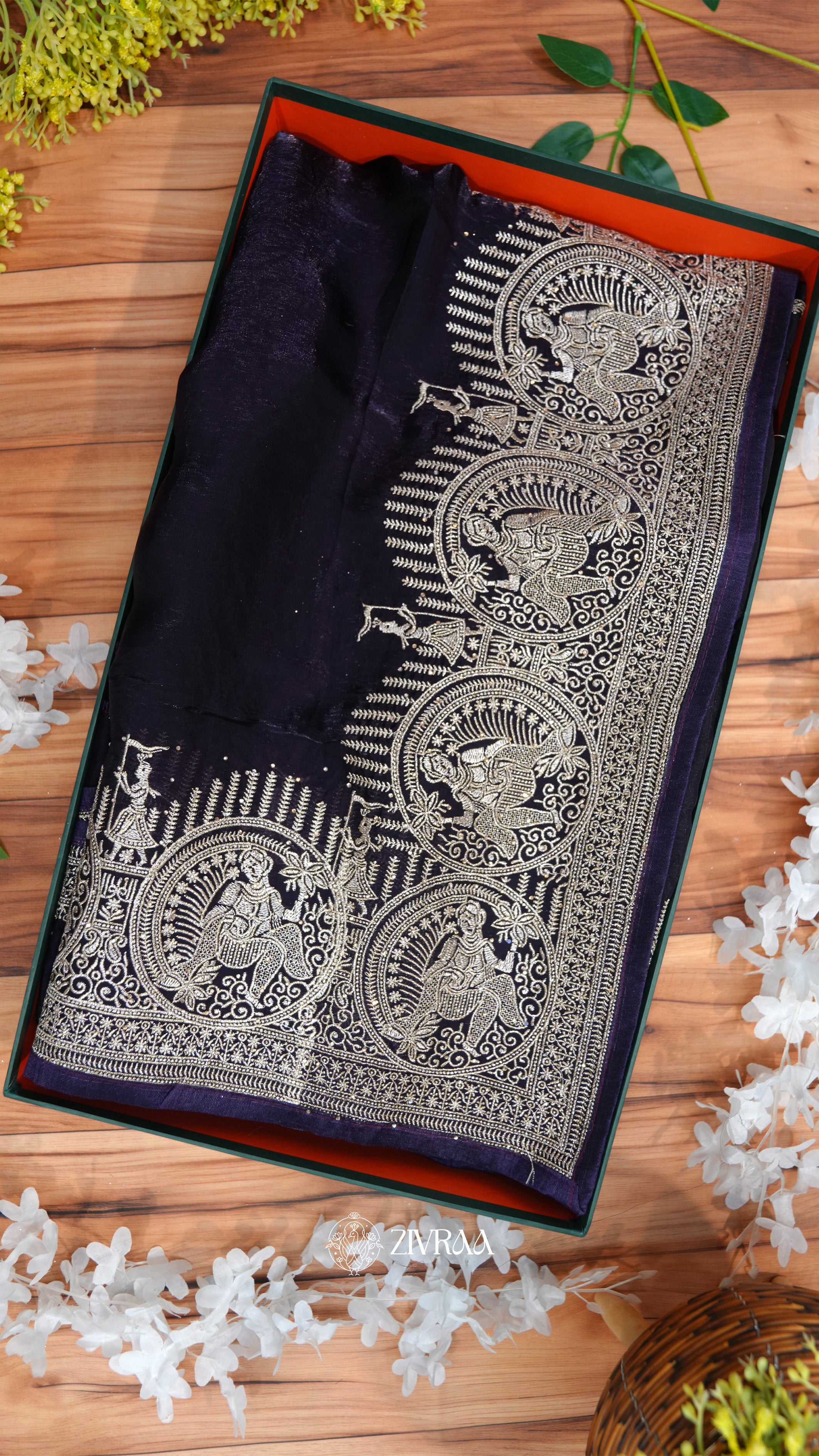 Elegant Purple Silk Saree with Silver Zari Traditional Motif Border