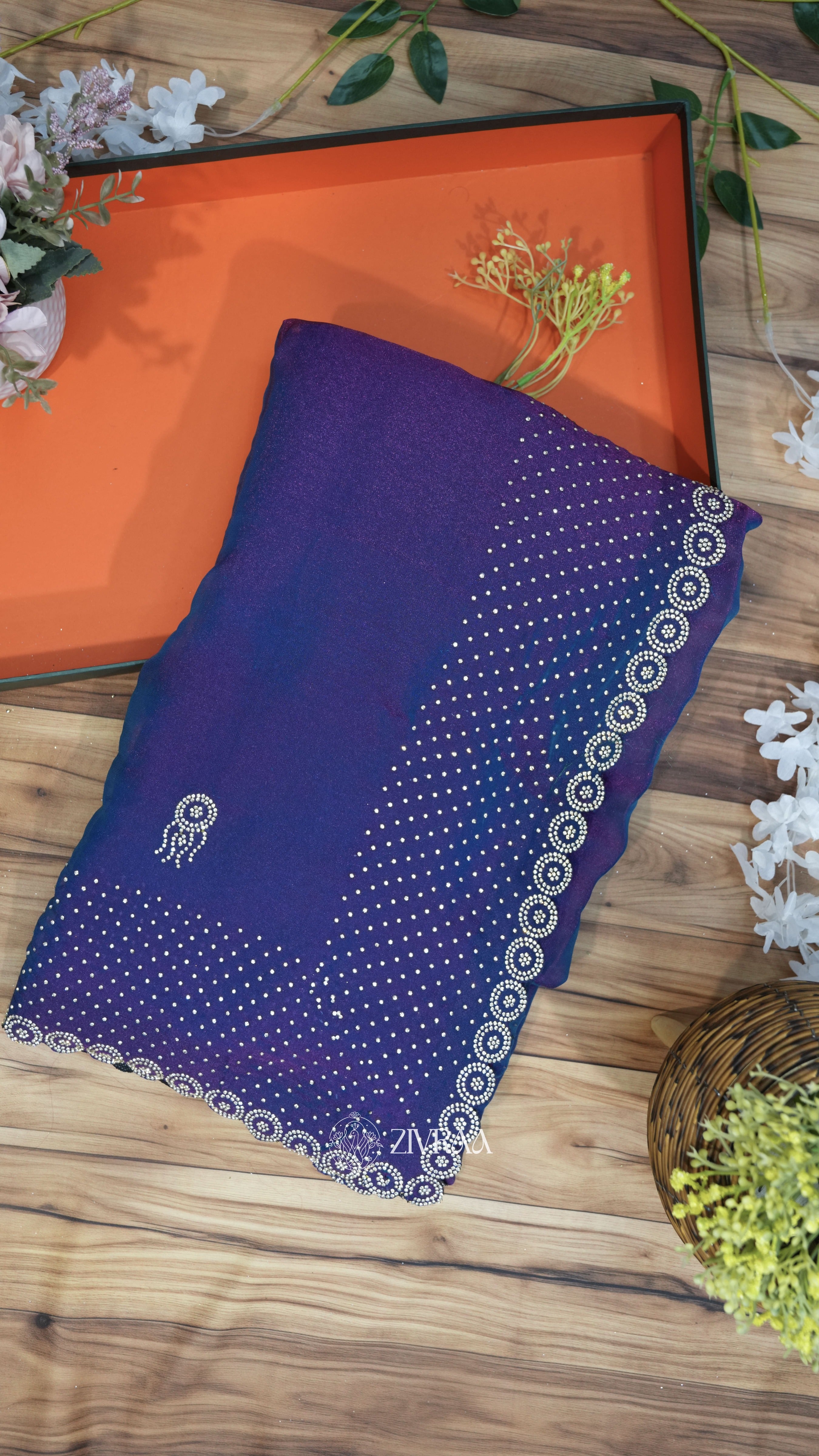 Elegant purple Stone Work Saree with Designer Border | Party & Festive Wear