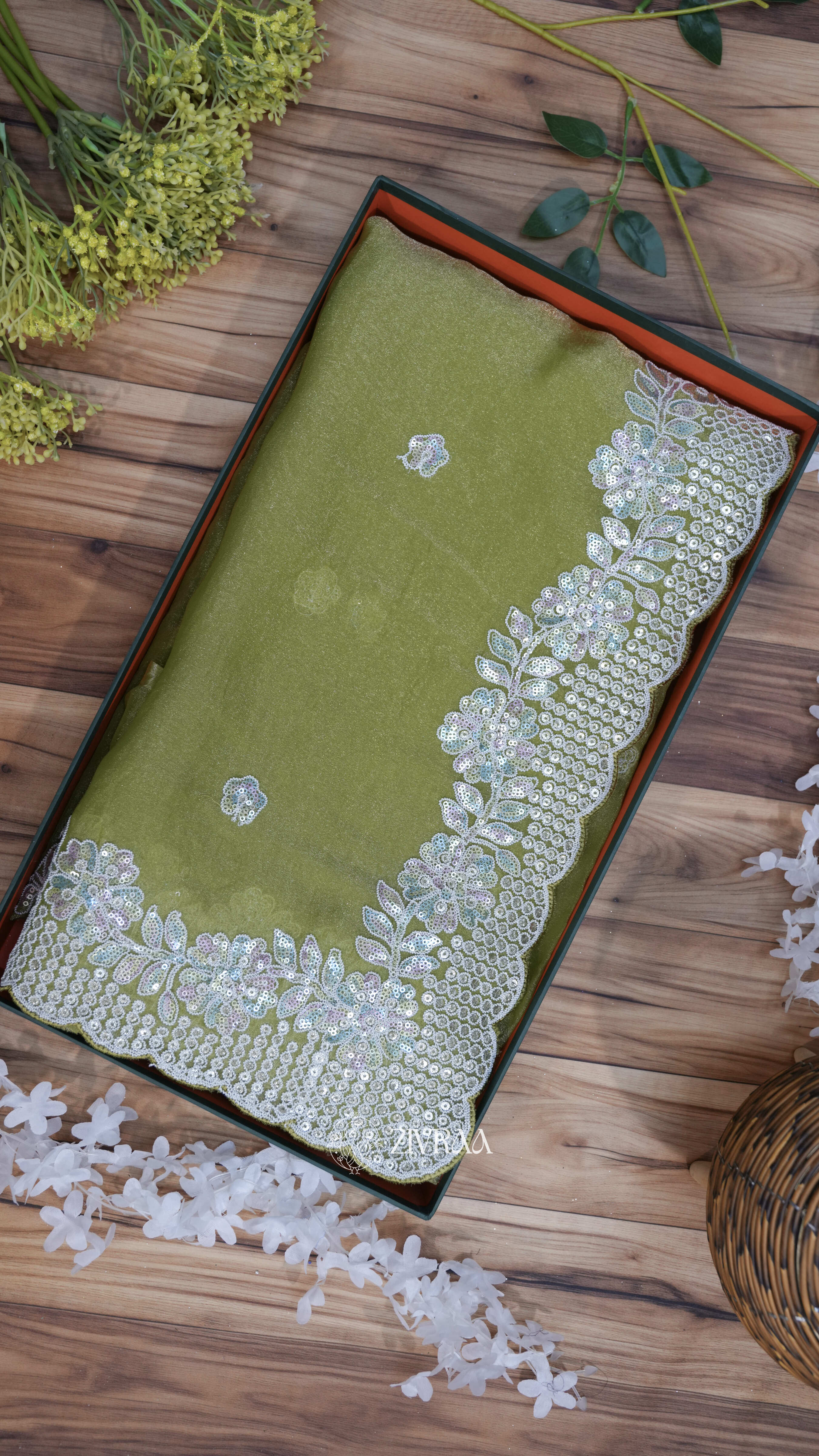 Olive Green Embroidered Moss Saree with Sequin Border