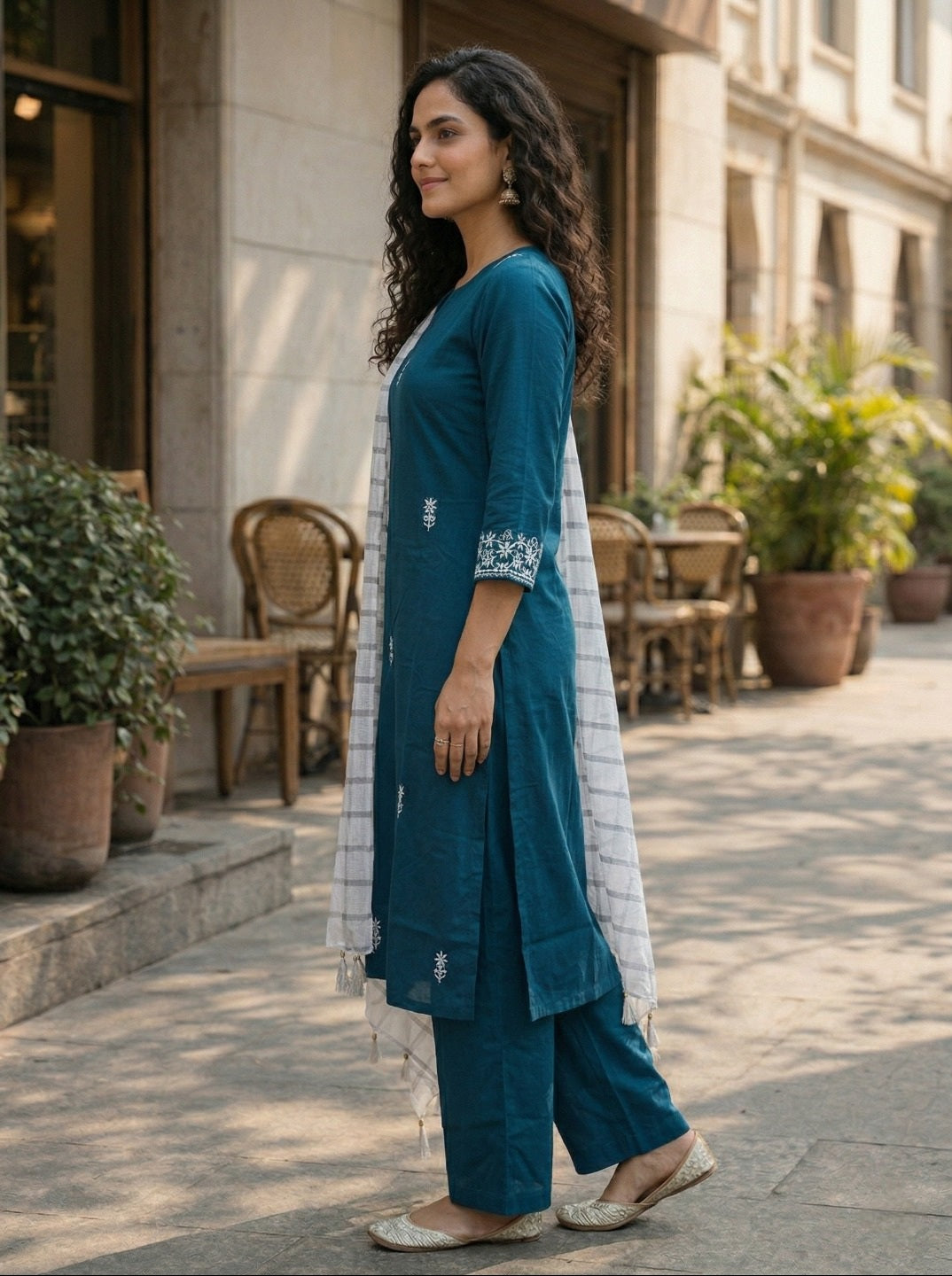 Women’s Teal Embroidered Kurta with Palazzos & Dupatta – Elegant Ethnic Suit Set