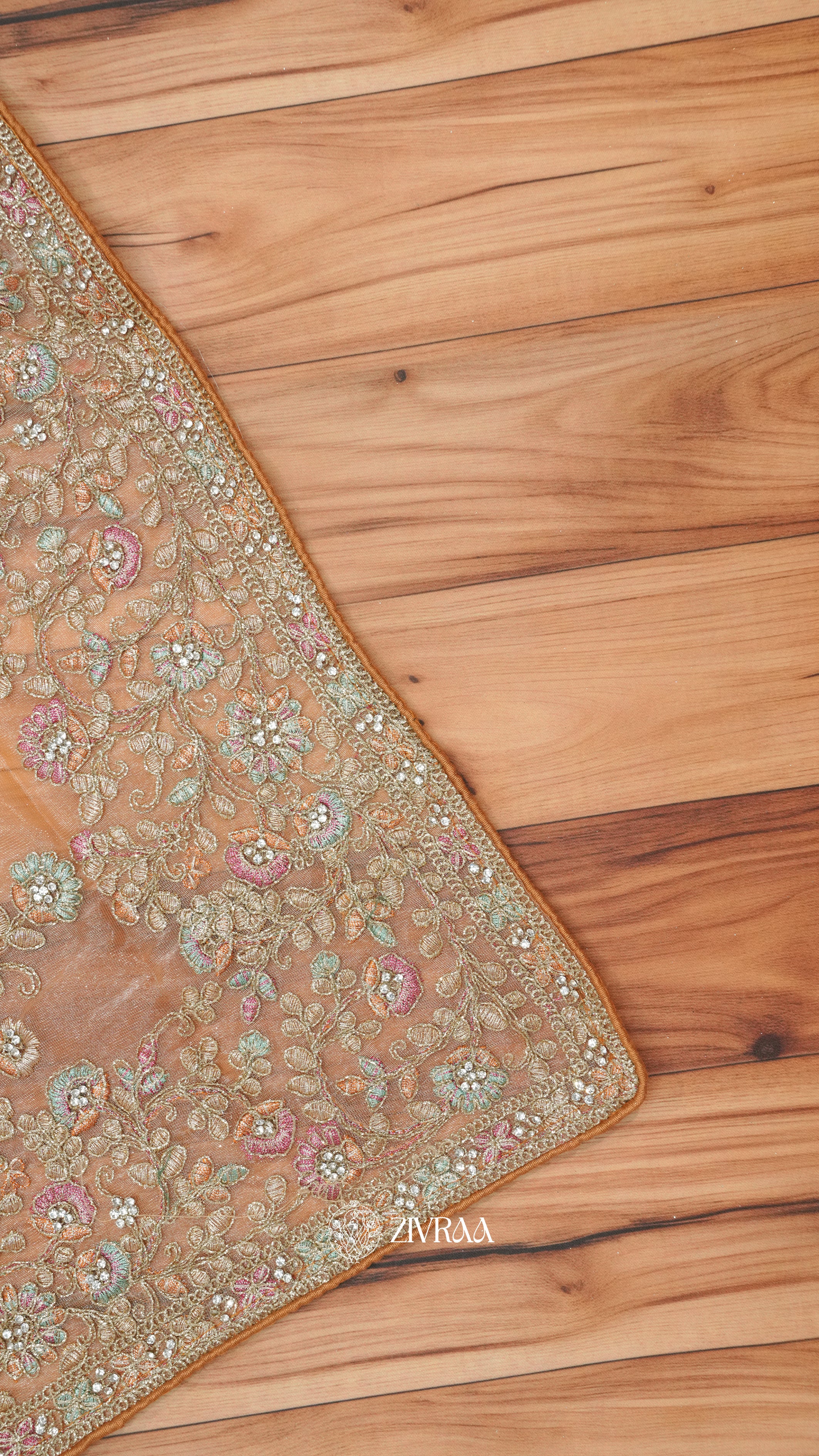 Peach shimmer net Saree with Heavy Floral Embroidery & Designer Border