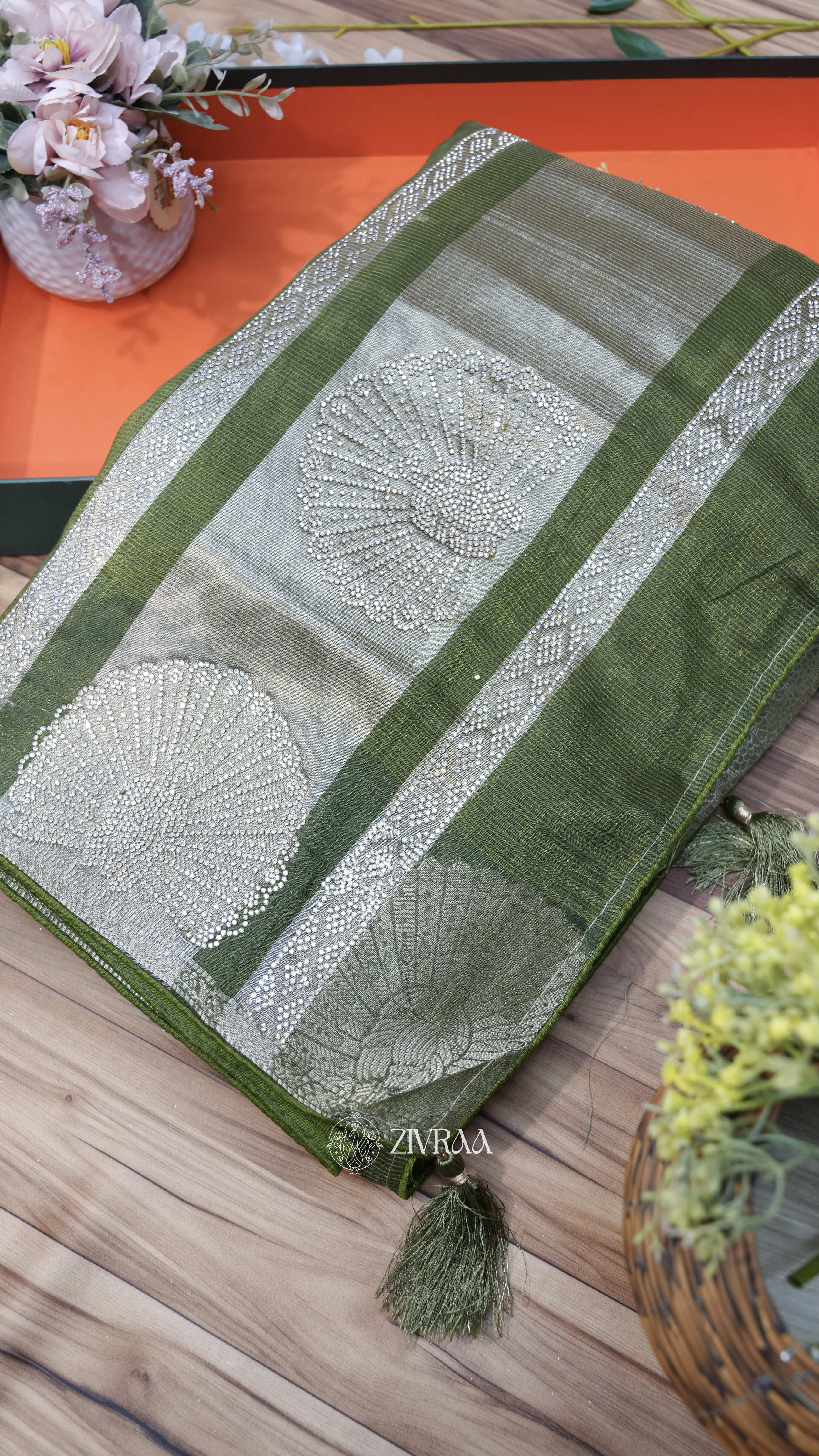 Olive Green Silk Blend Saree with Silver Zari & Handcrafted Motif Border
