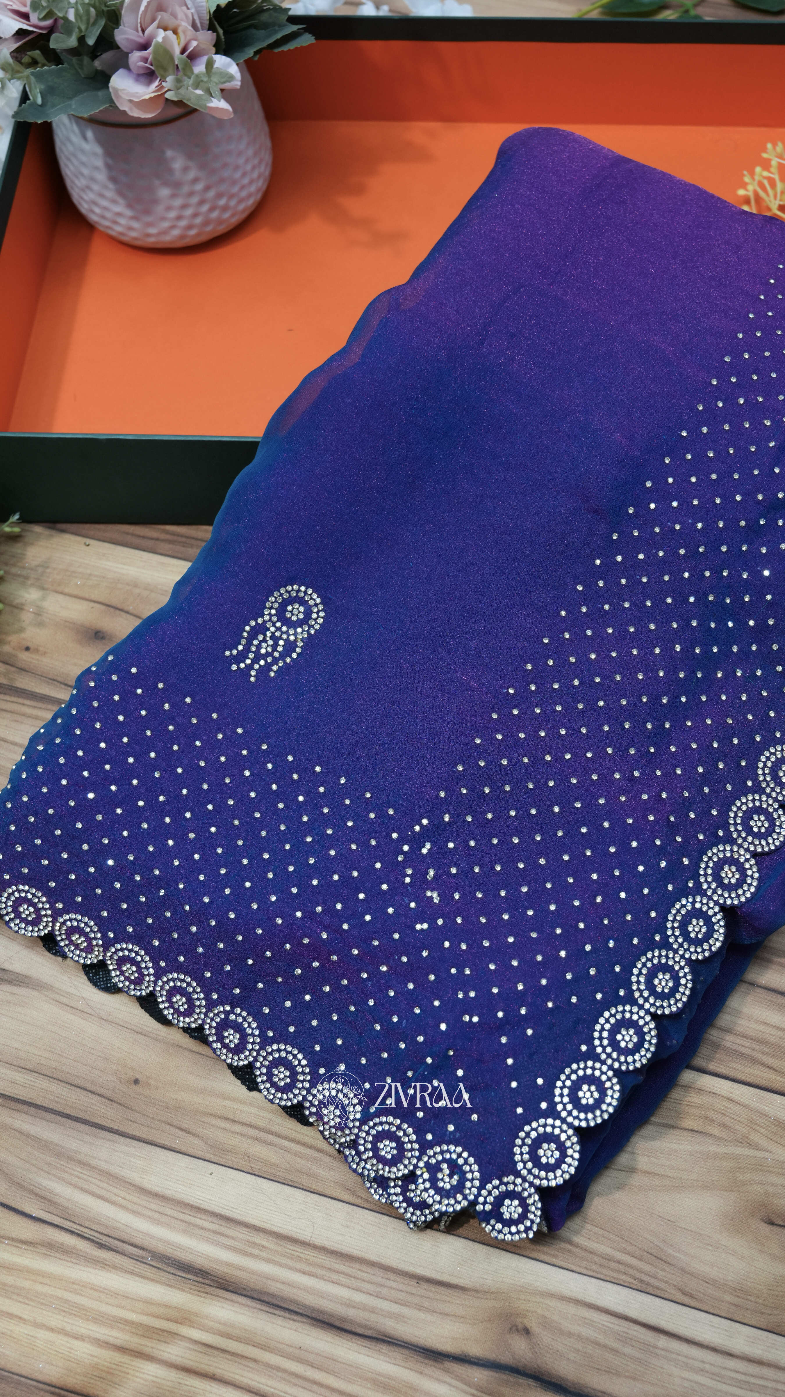 Elegant purple Stone Work Saree with Designer Border | Party & Festive Wear