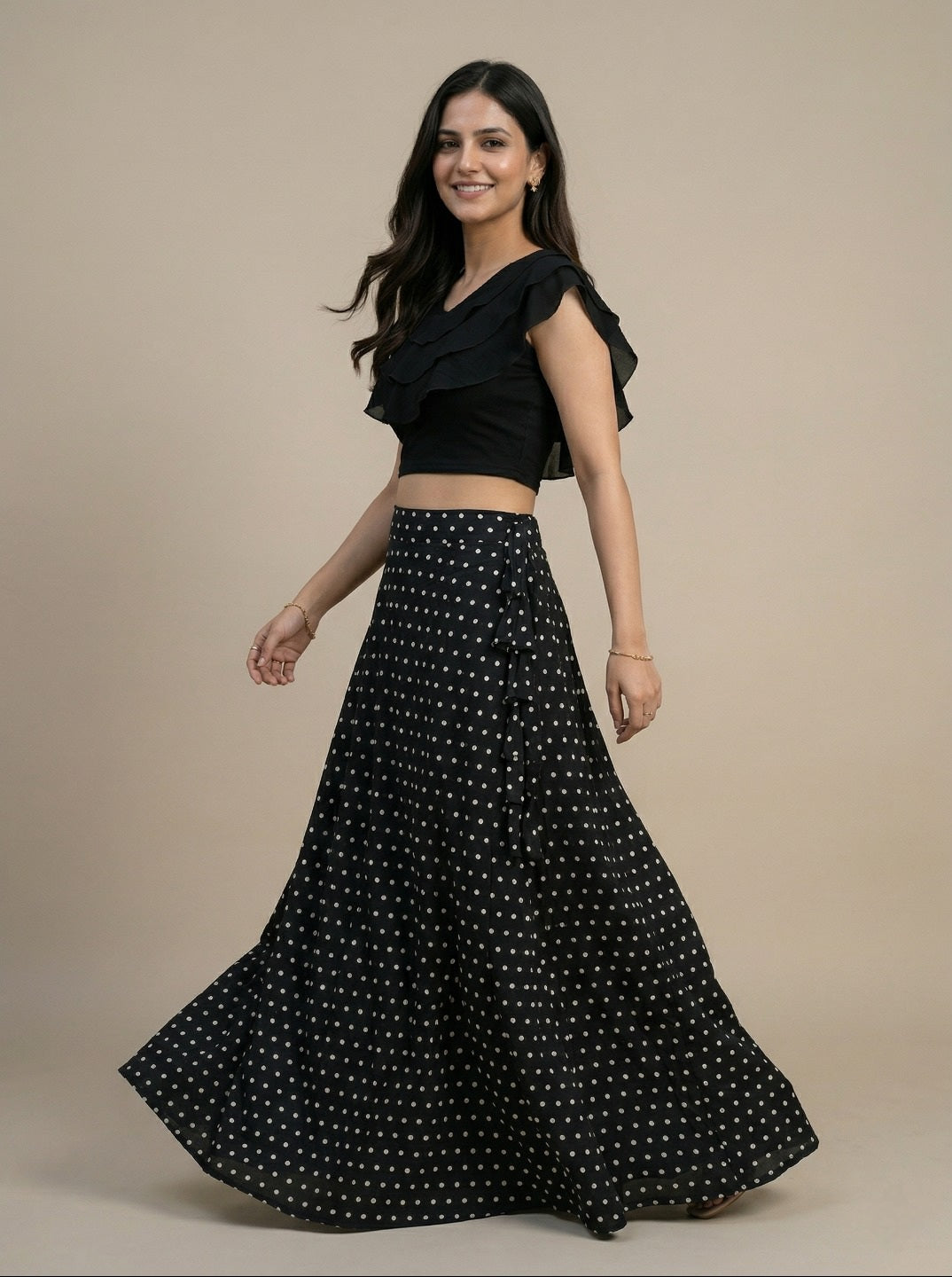 Black Crop Top & Skirt Set for Women | Lycra Crop Top with American Crepe Skirt Party Wear Co-Ord Set