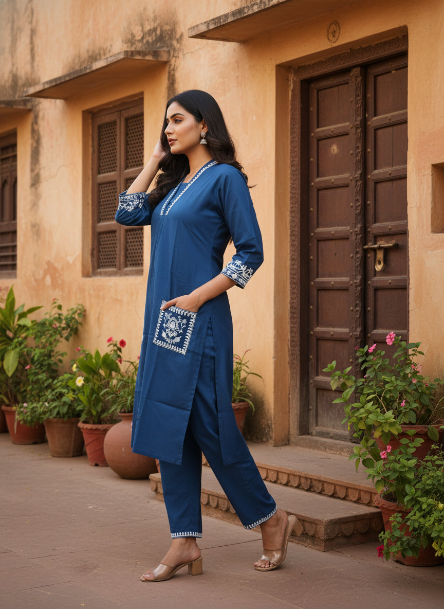Elegant Navy Blue Cotton 2 Piece Kurta Set for Women with Embroidered Pocket Detail & Straight Pants | Casual, Office & Daily Wear Ethnic Set