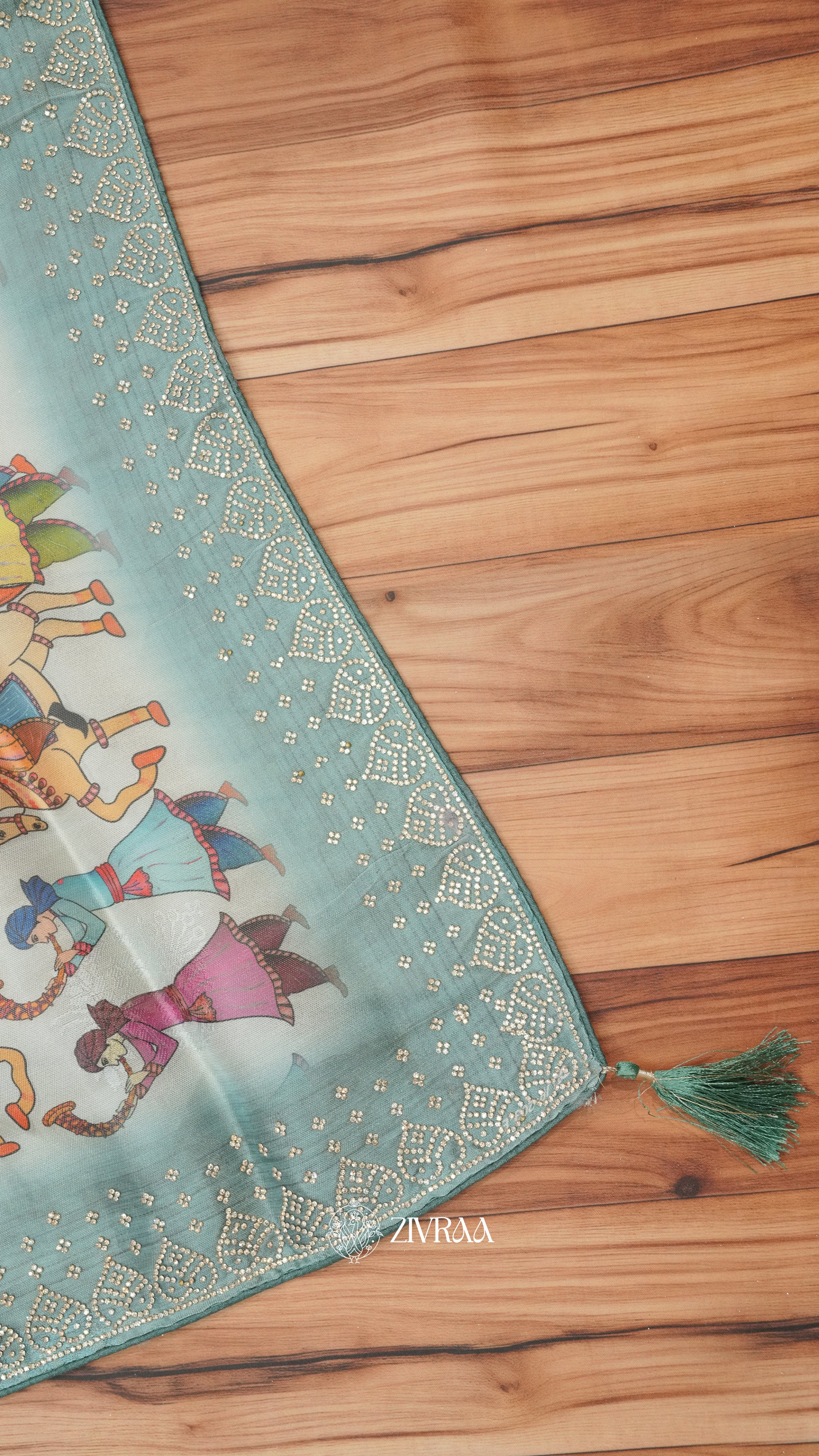 Brown Folk Art Print Saree with Traditional Rajasthani Motifs & Embellished Border