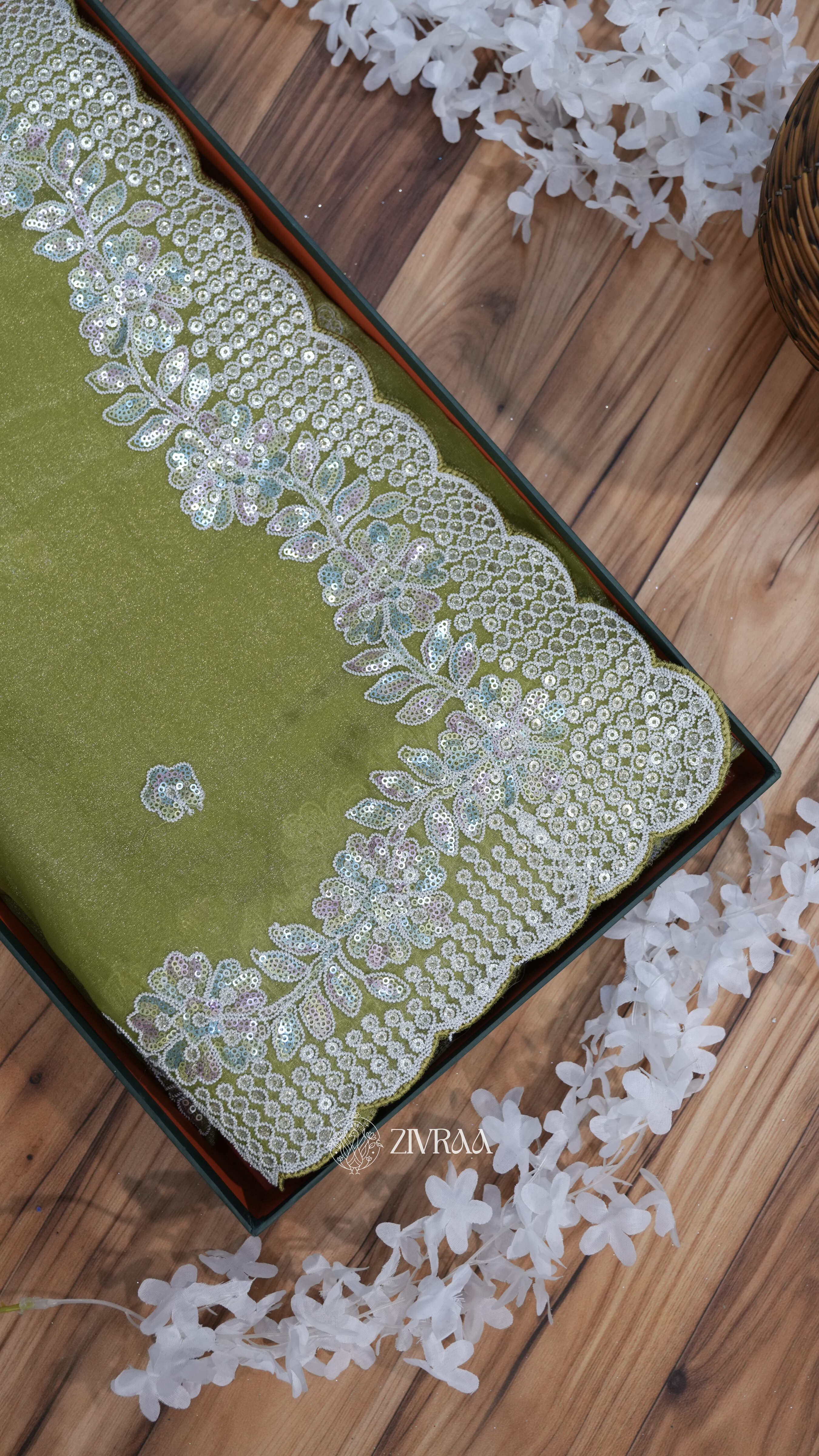 Olive Green Embroidered Moss Saree with Sequin Border