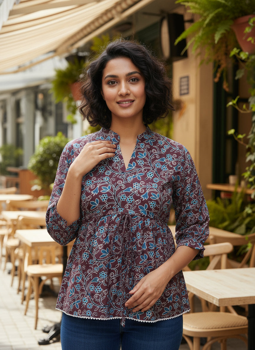 Women’s Maroon Floral Printed Casual Top with 3/4 Sleeves – Stylish Ethnic Office & Daily Wear Top (1 Piece Only)