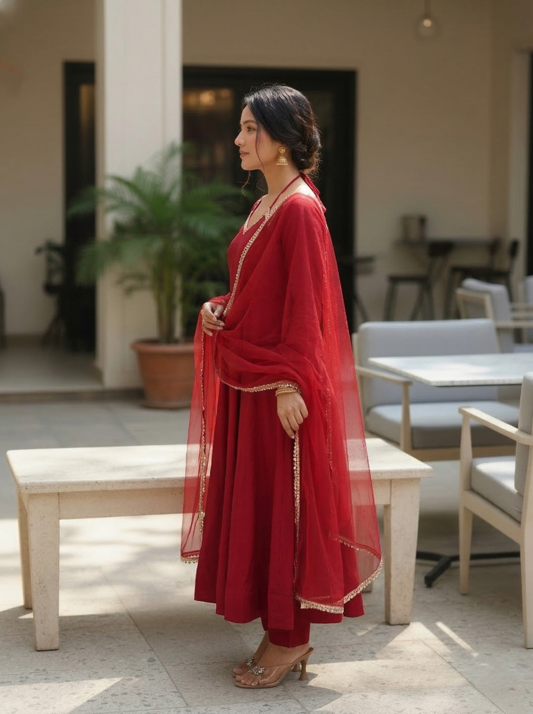 Anarkali Kurta Set with Net Dupatta | Roman Silk Chanderi Festive Wear for Women