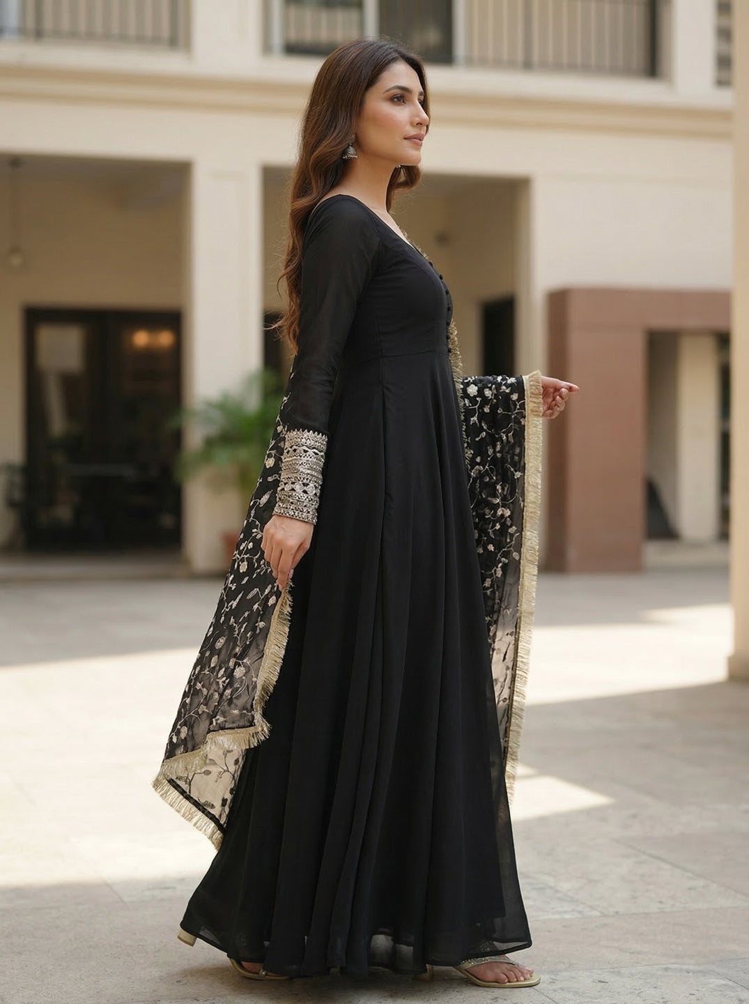 Georgette Anarkali Gown Set with Embroidered Dupatta & Pant – Festive Wear | Fully Stitched