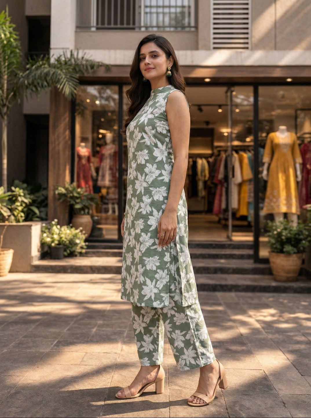 Women Floral Printed 2 Kurta Set with Pants | Sleeveless Straight Kurti Set | Casual Summer Ethnic Wear for Women
