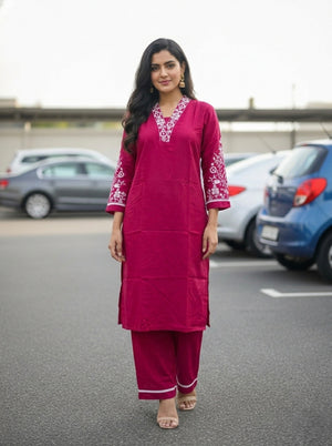 Ethnic Motifs Embroidered Cotton Blend Kurta Set for Women | V-Neck Thread Work Straight Kurta with Trousers