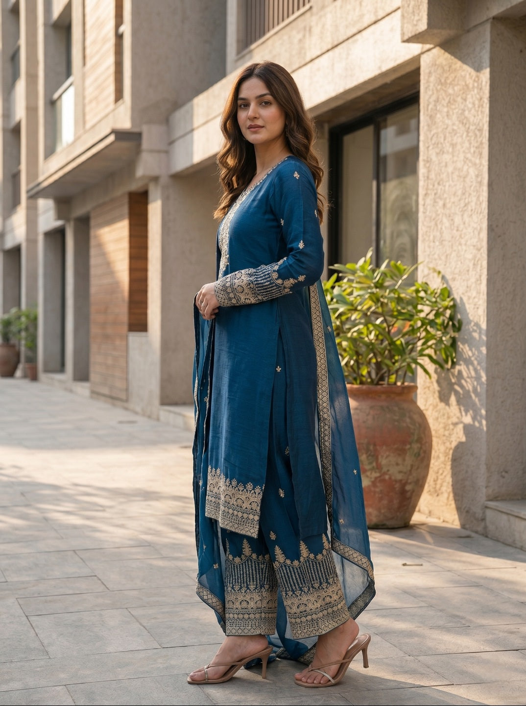 Blue Pure Chinon Silk Embroidered Straight Kurta Set with Dupatta & Trousers | Festive & Ethnic Wear for Women