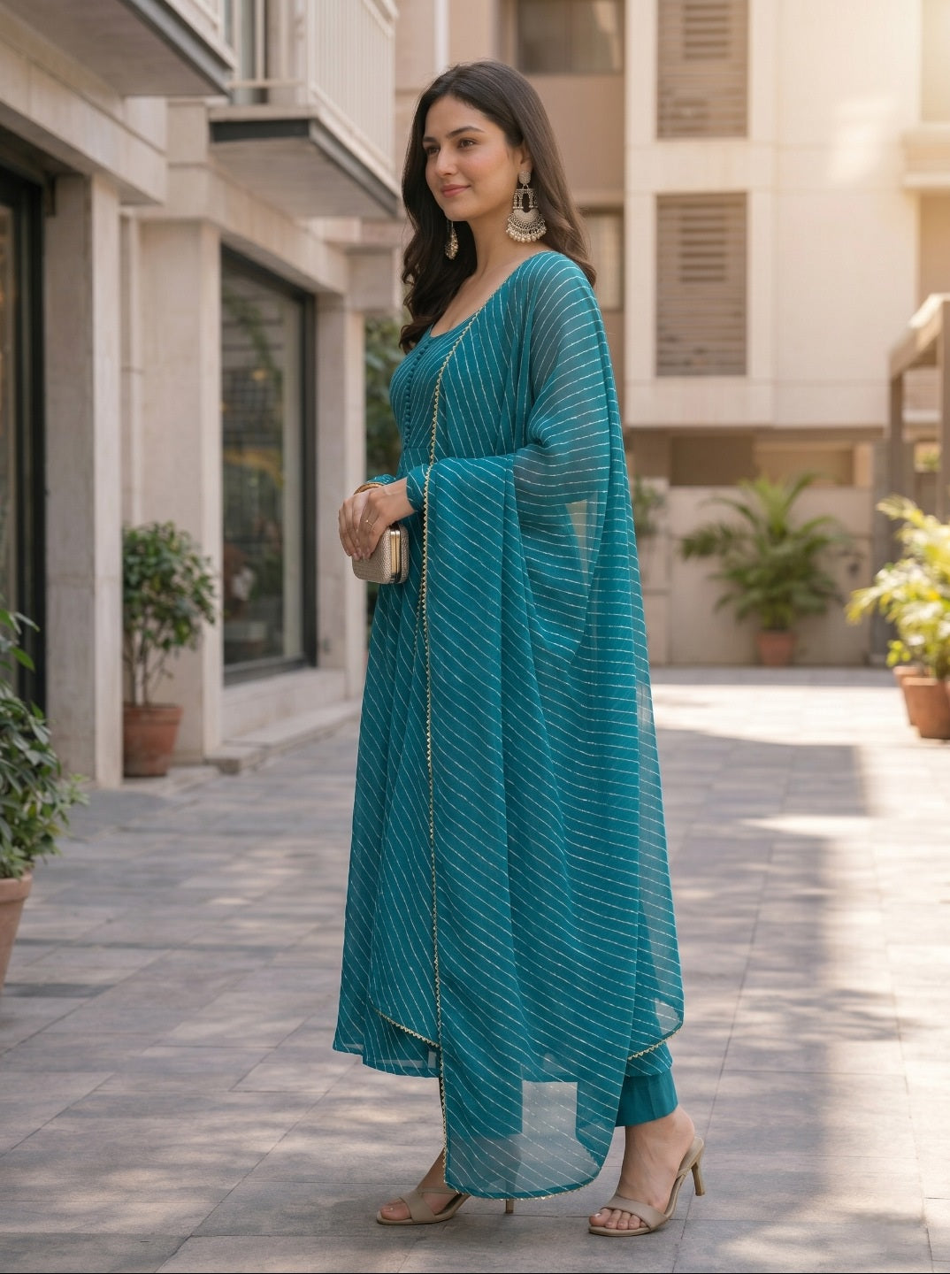 premium Laheriya Print Anarkali Suit Set with Dupatta | Designer Fox Georgette Flared Kurta Set for Women
