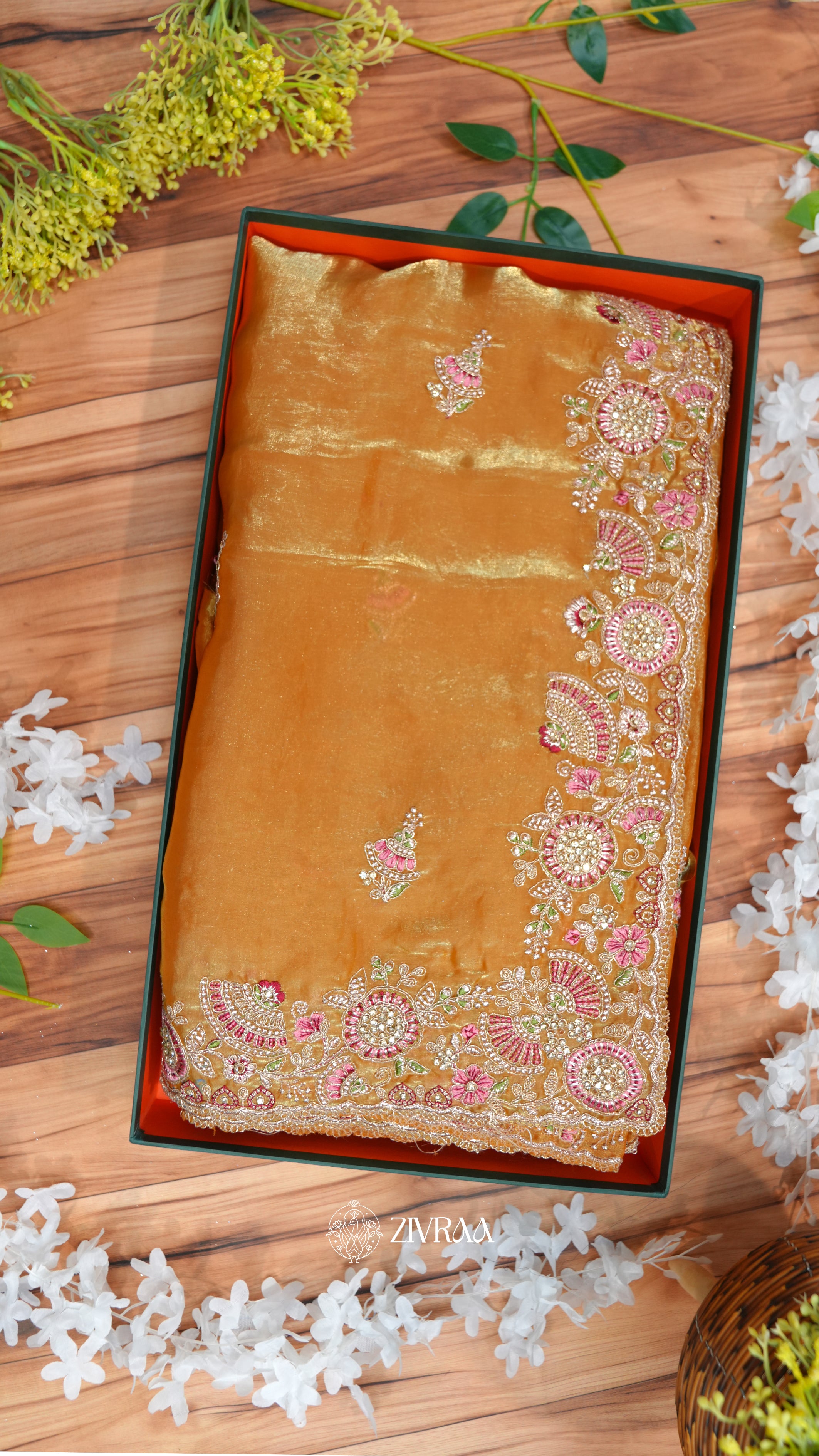 Elegant Lavender Grey Embroidered Organza Saree with Heavy Floral Zari Border