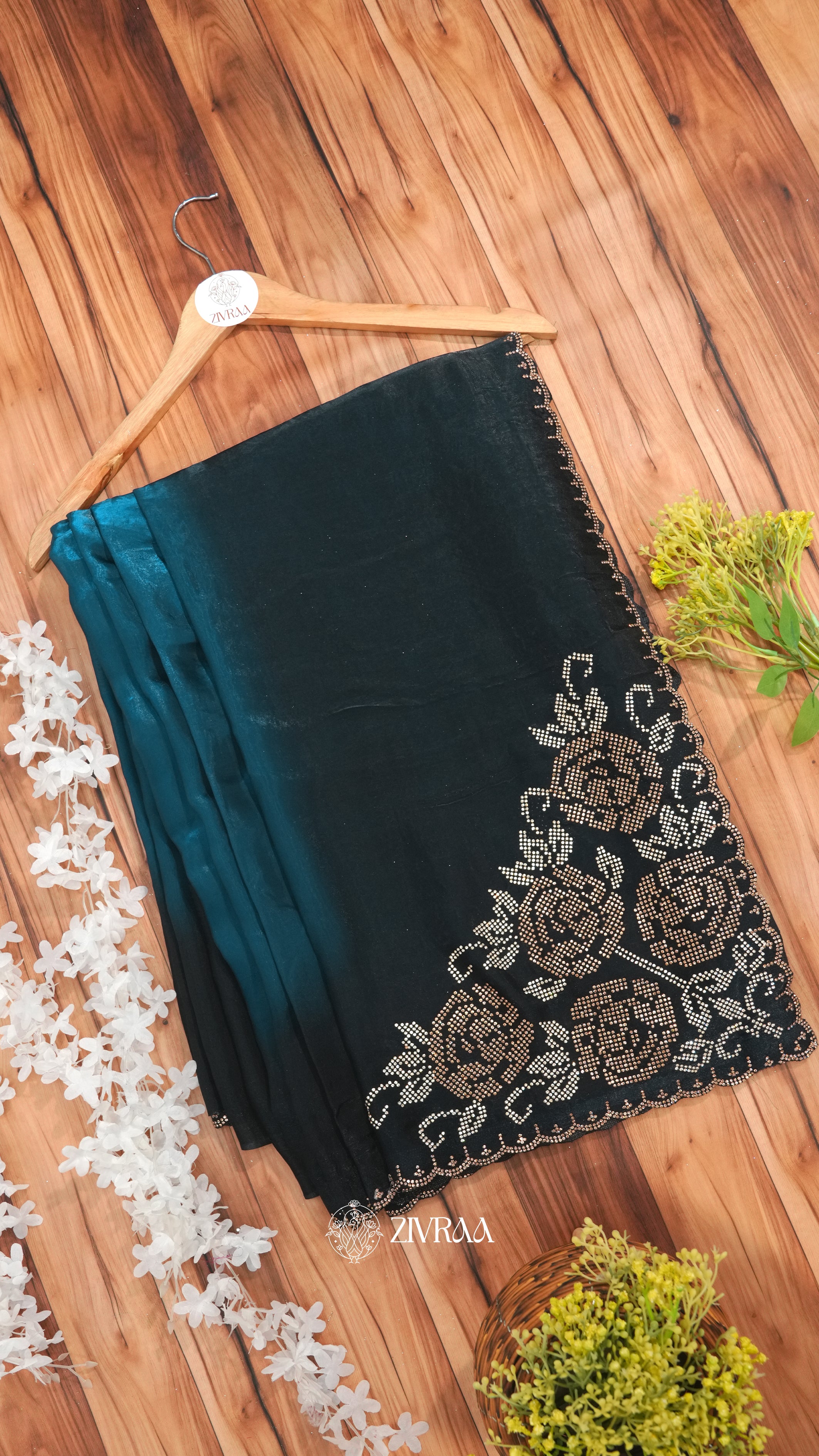 Elegant Teal Ombre Saree with Gold Floral Embellished Border