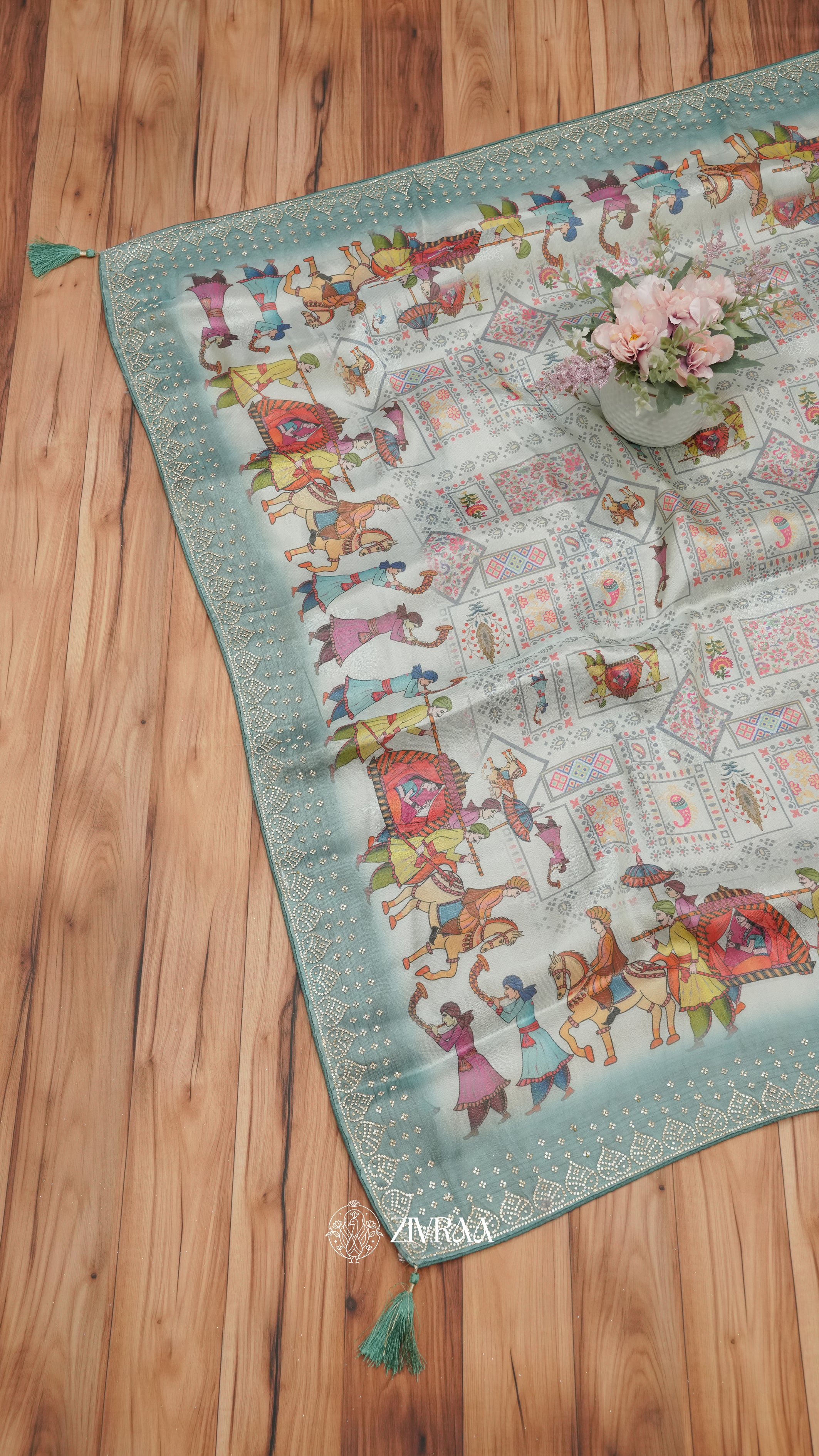 Lovender Folk Art Printed Saree with Traditional Rajasthani Motif & Zari Border