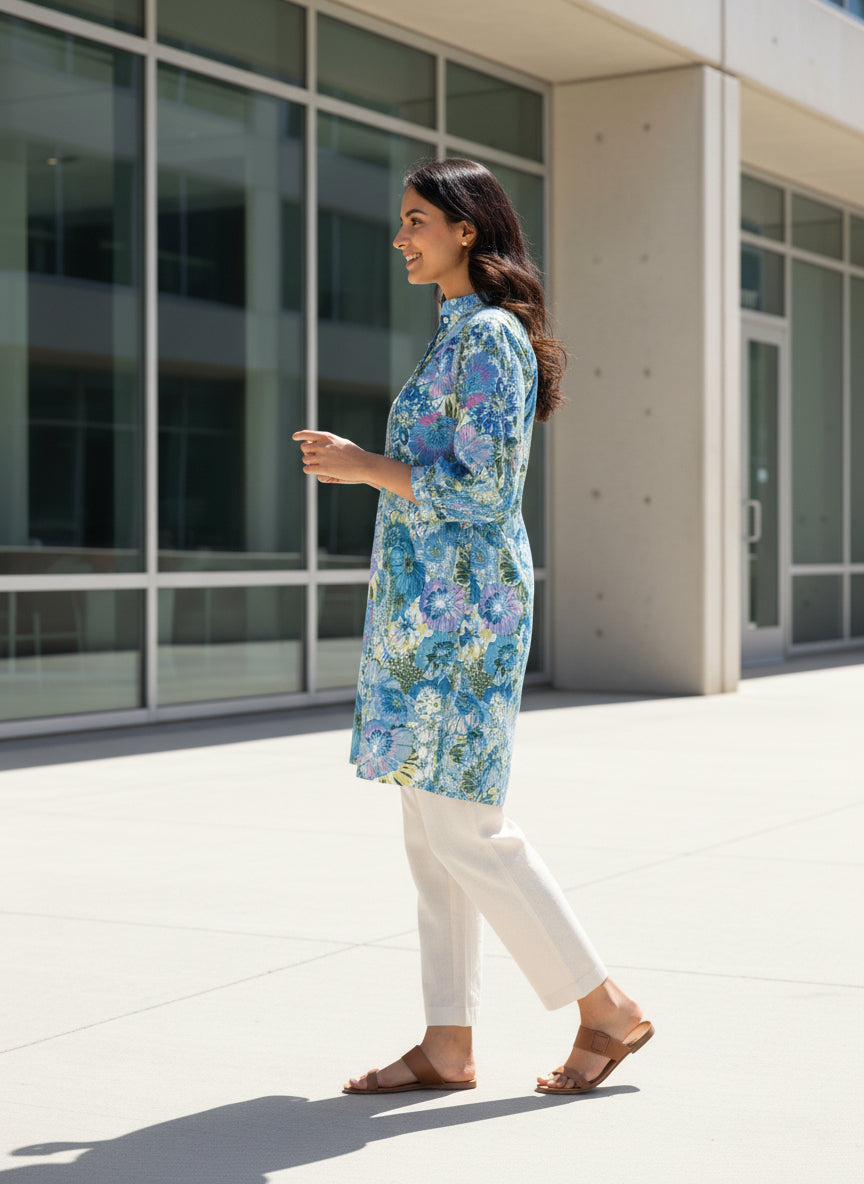 Women Blue Floral Printed Cotton Kurti | 3/4th Sleeve Straight Fit Ethnic Kurta for Daily Wear, Office Wear & Summer Casual Outfit (1 Piece)