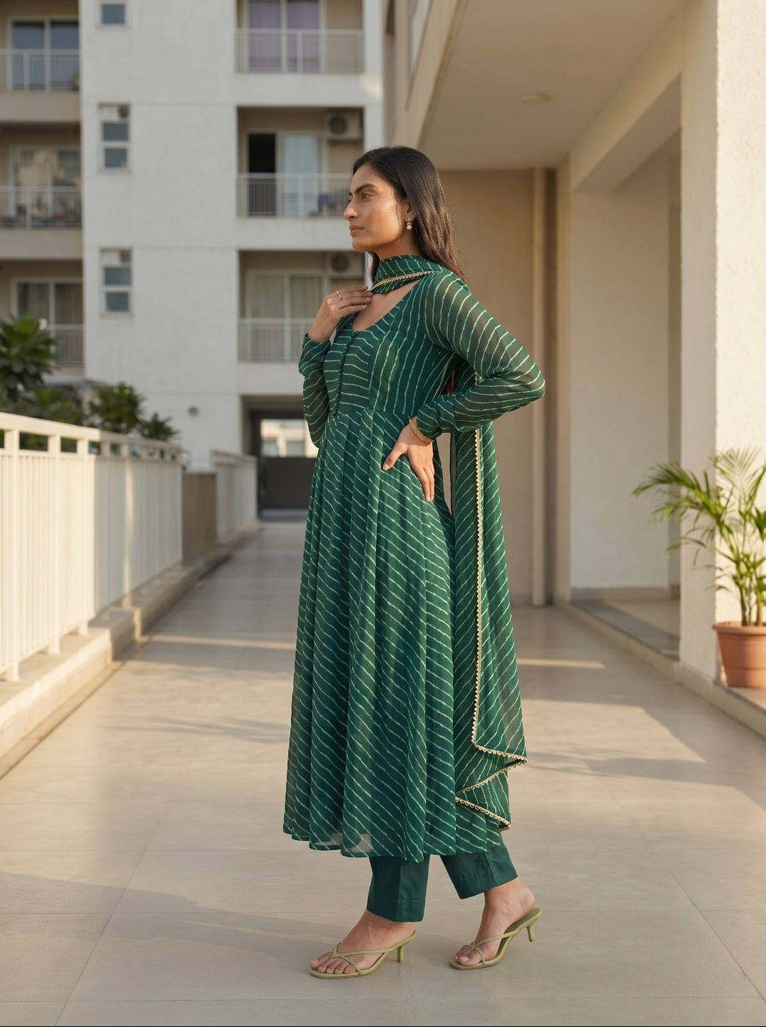 premium Laheriya Print Anarkali Suit Set with Dupatta | Designer Fox Georgette Flared Kurta Set for Women