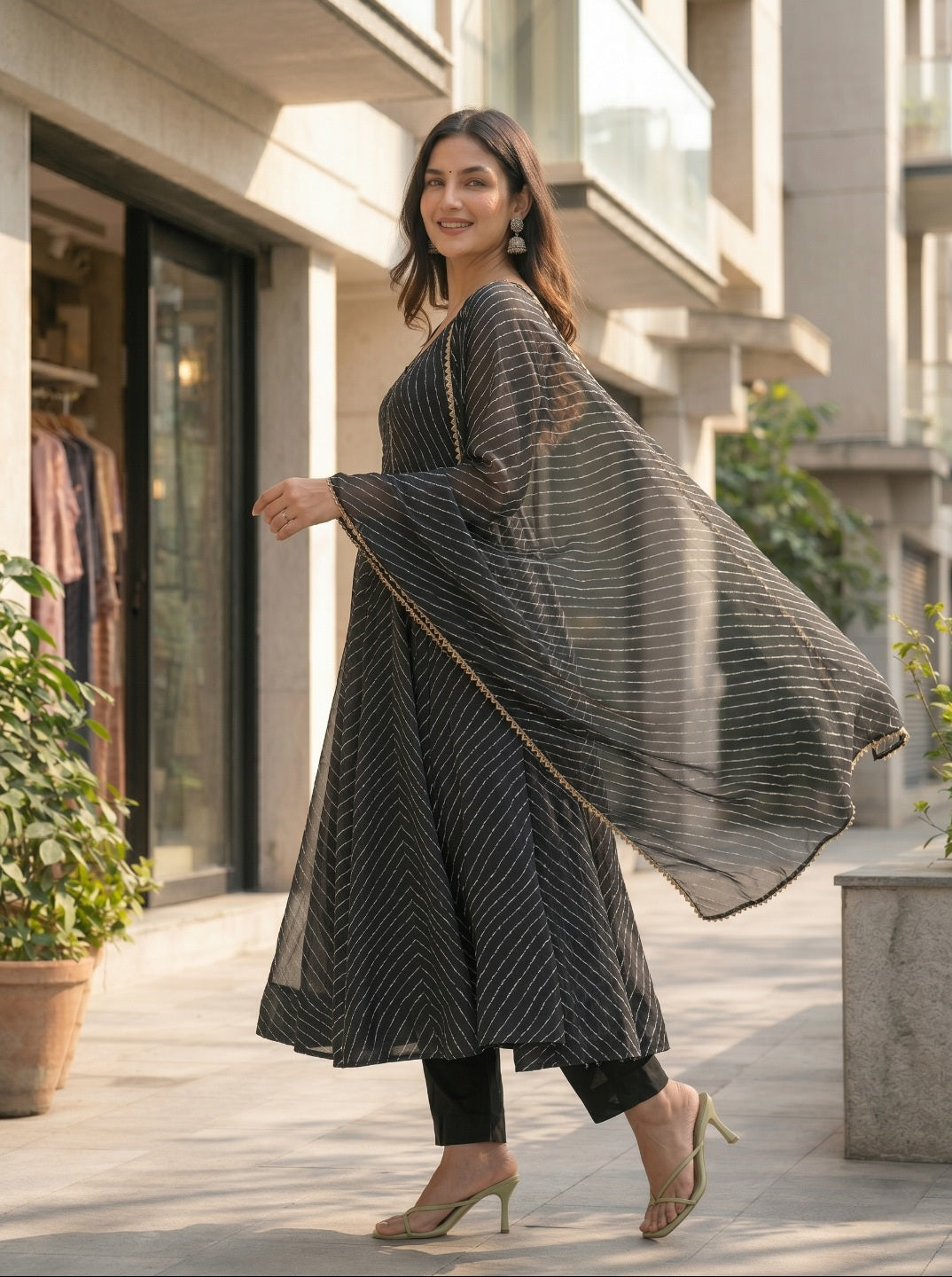 premium Laheriya Print Anarkali Suit Set with Dupatta | Designer Fox Georgette Flared Kurta Set for Women
