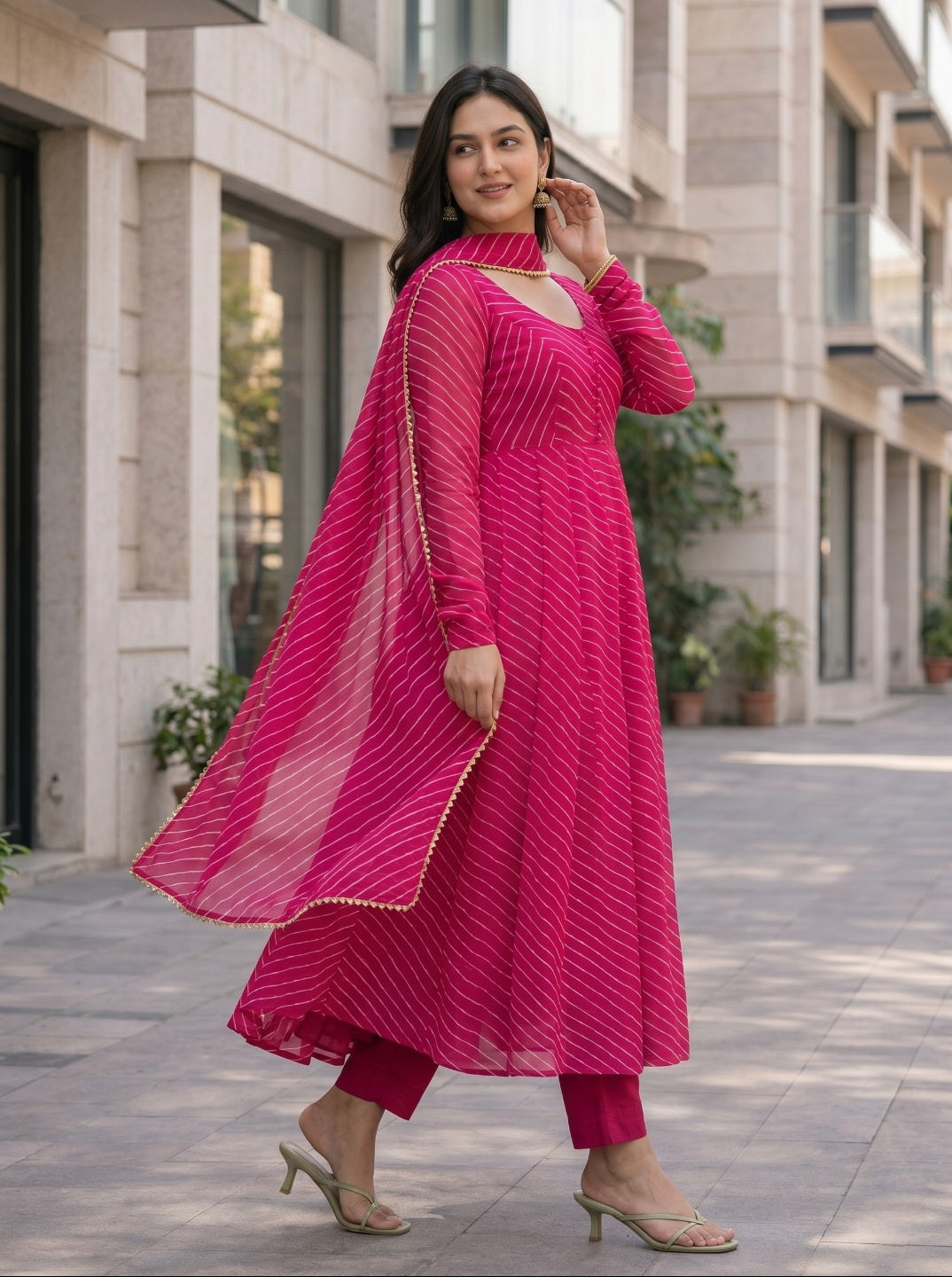 premium Laheriya Print Anarkali Suit Set with Dupatta | Designer Fox Georgette Flared Kurta Set for Women