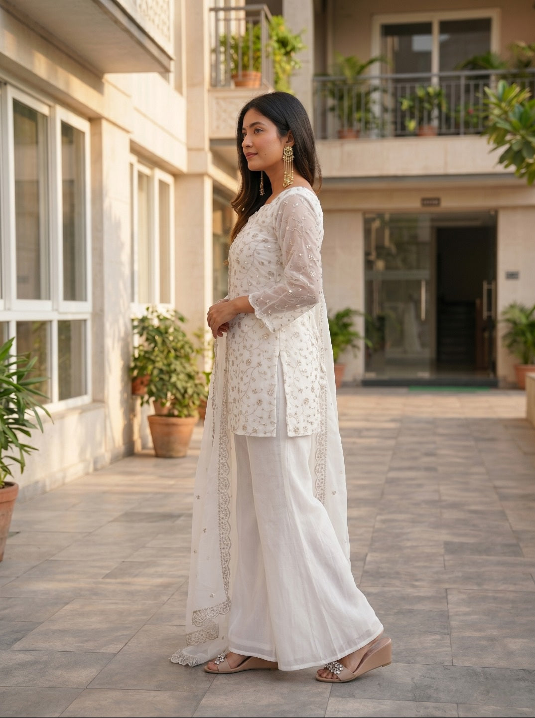 Elegant White Crunchy Silk Kurta Set with Dupatta | Ethnic Festive Wear for Women