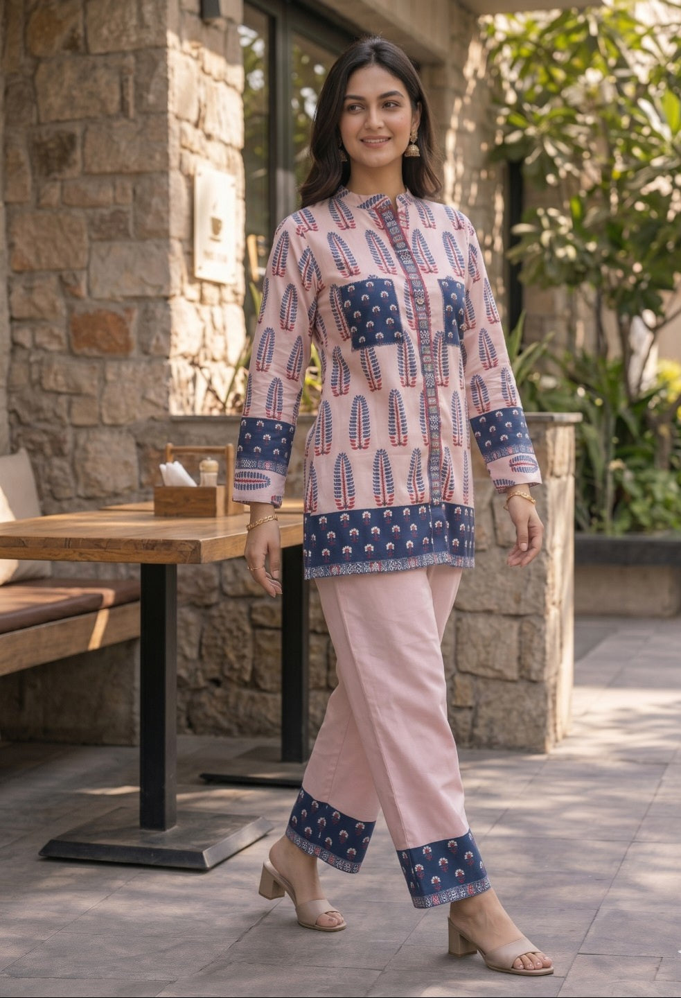 Peach Printed Rayon Slub Co-Ord Set for Women | Ethnic Casual Kurta & Pant Set | Straight Fit Stylish Co-Ord Set