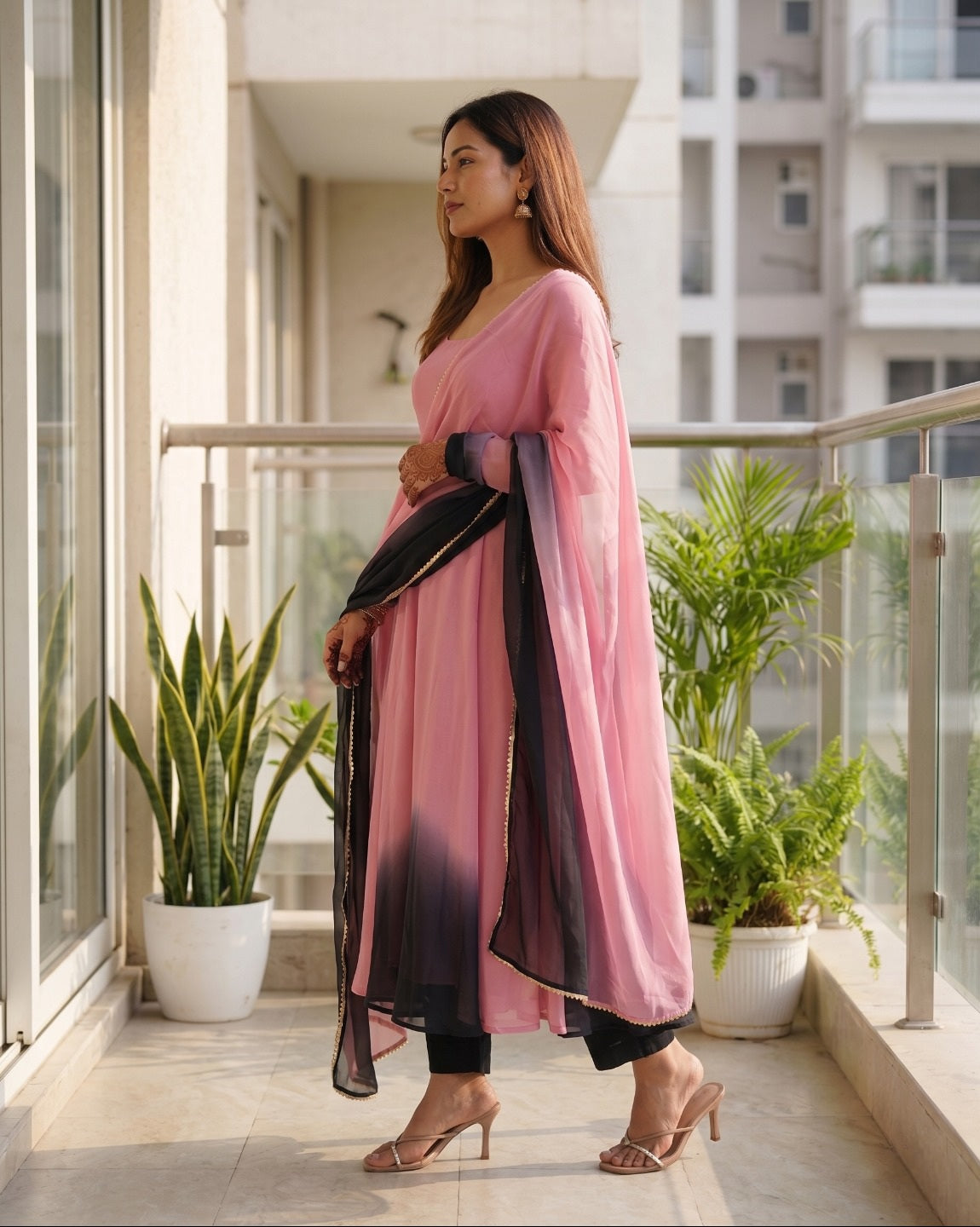Women Fox Georgette Fully Flared Anarkali Kurta Set with Dupatta & Pants