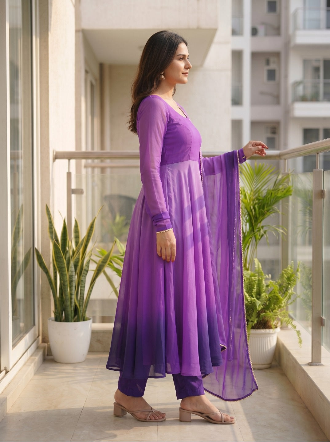 Women Fox Georgette Fully Flared Anarkali Kurta Set with Dupatta & Pants