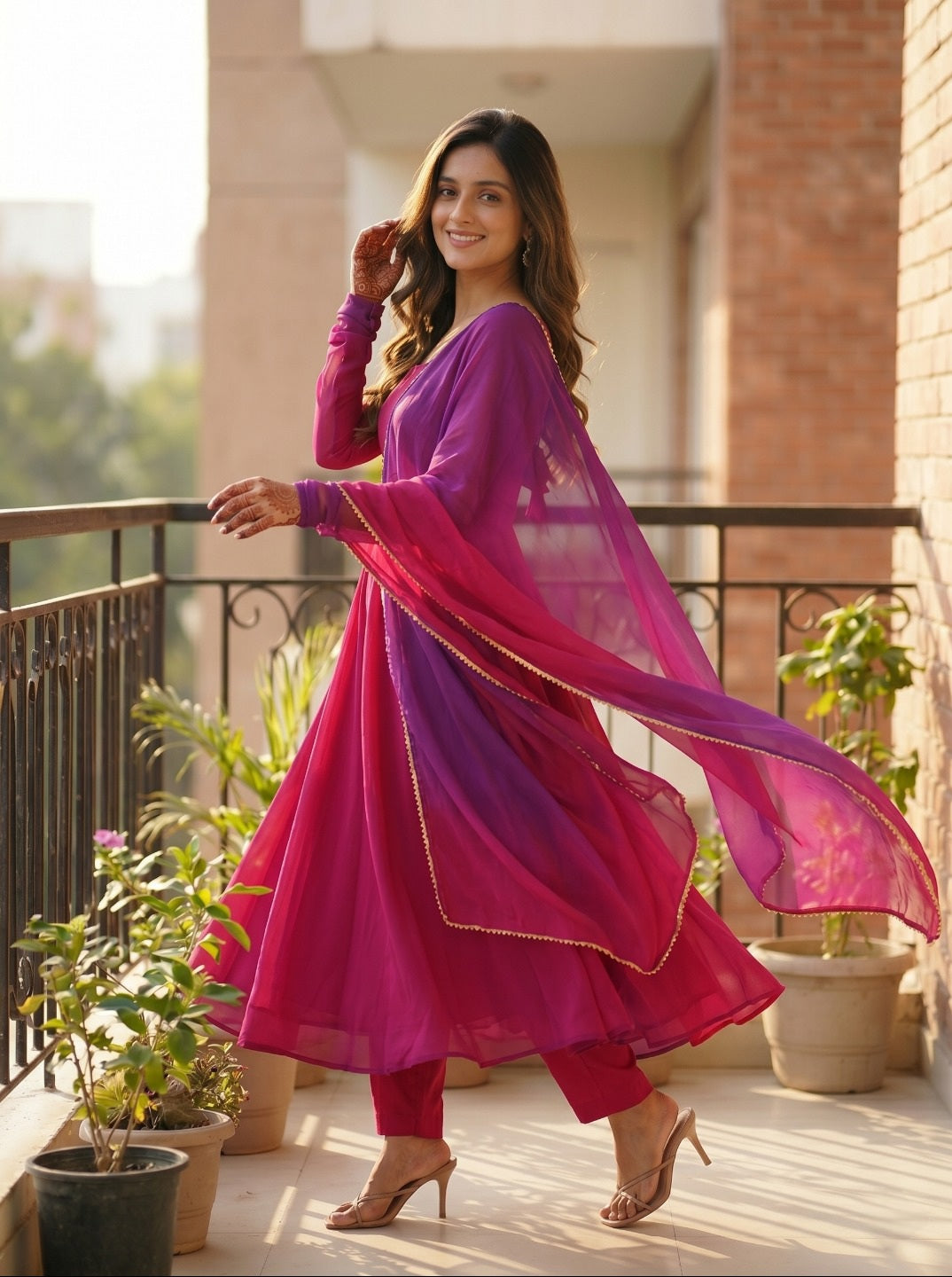Women Fox Georgette Fully Flared Anarkali Kurta Set with Dupatta & Pants