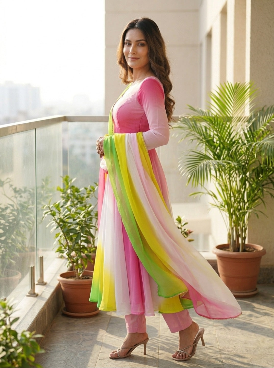 Women Fox Georgette Fully Flared Anarkali Kurta Set with Dupatta & Pants