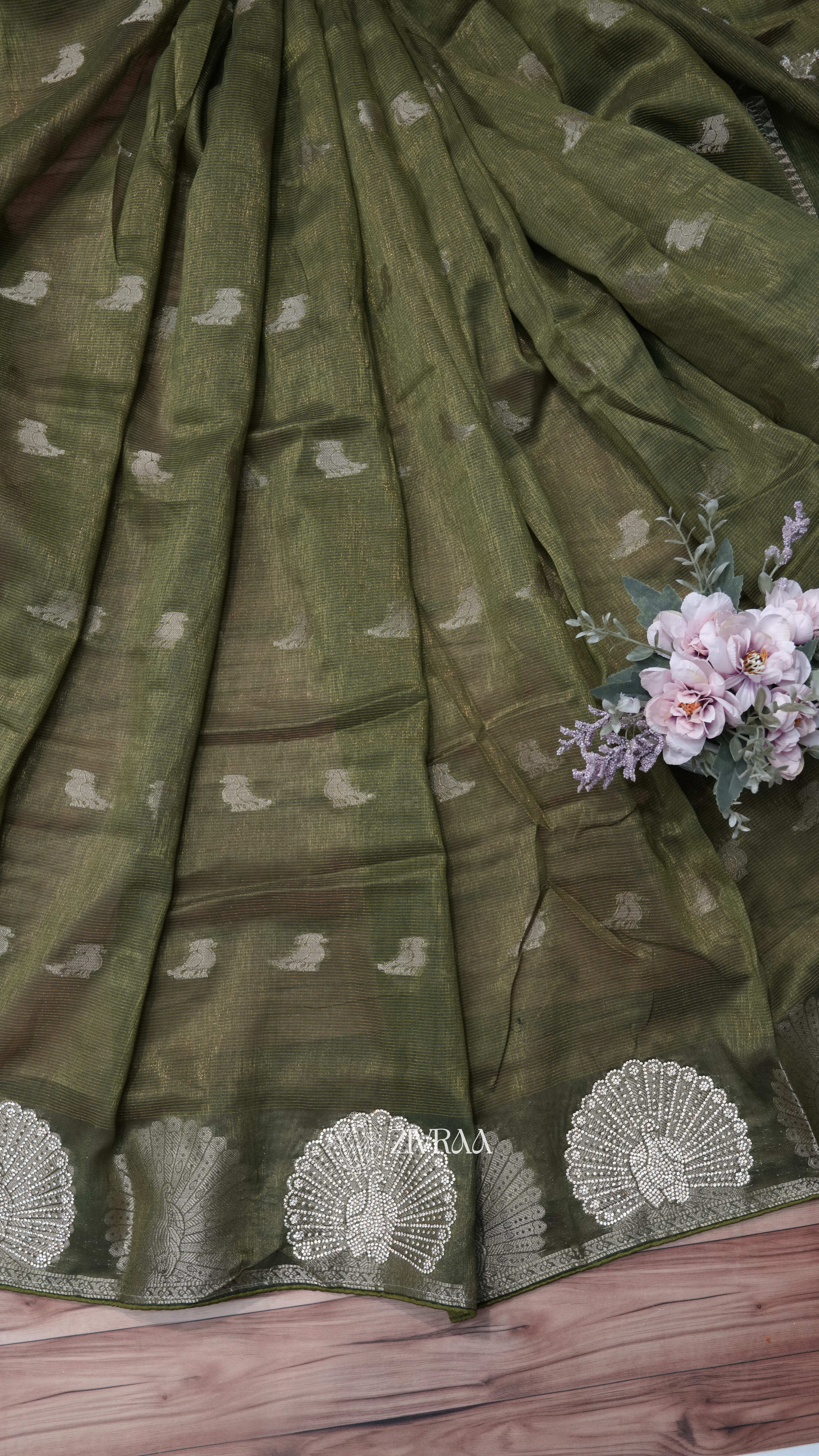 Elegant Firozi, Zari Work Silk Saree with Traditional Motifs