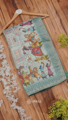 Olive Green Folk Art Printed Saree with Traditional Dance Motif & Embellished Border