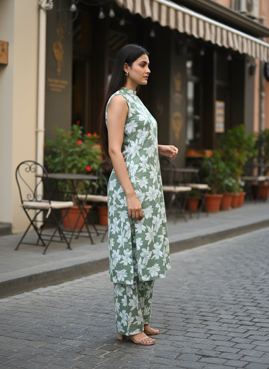 Women Olive Green Floral Printed 2 Piece Kurta Set with Pants | Sleeveless Straight Kurti Set | Summer Ethnic Wear for Women