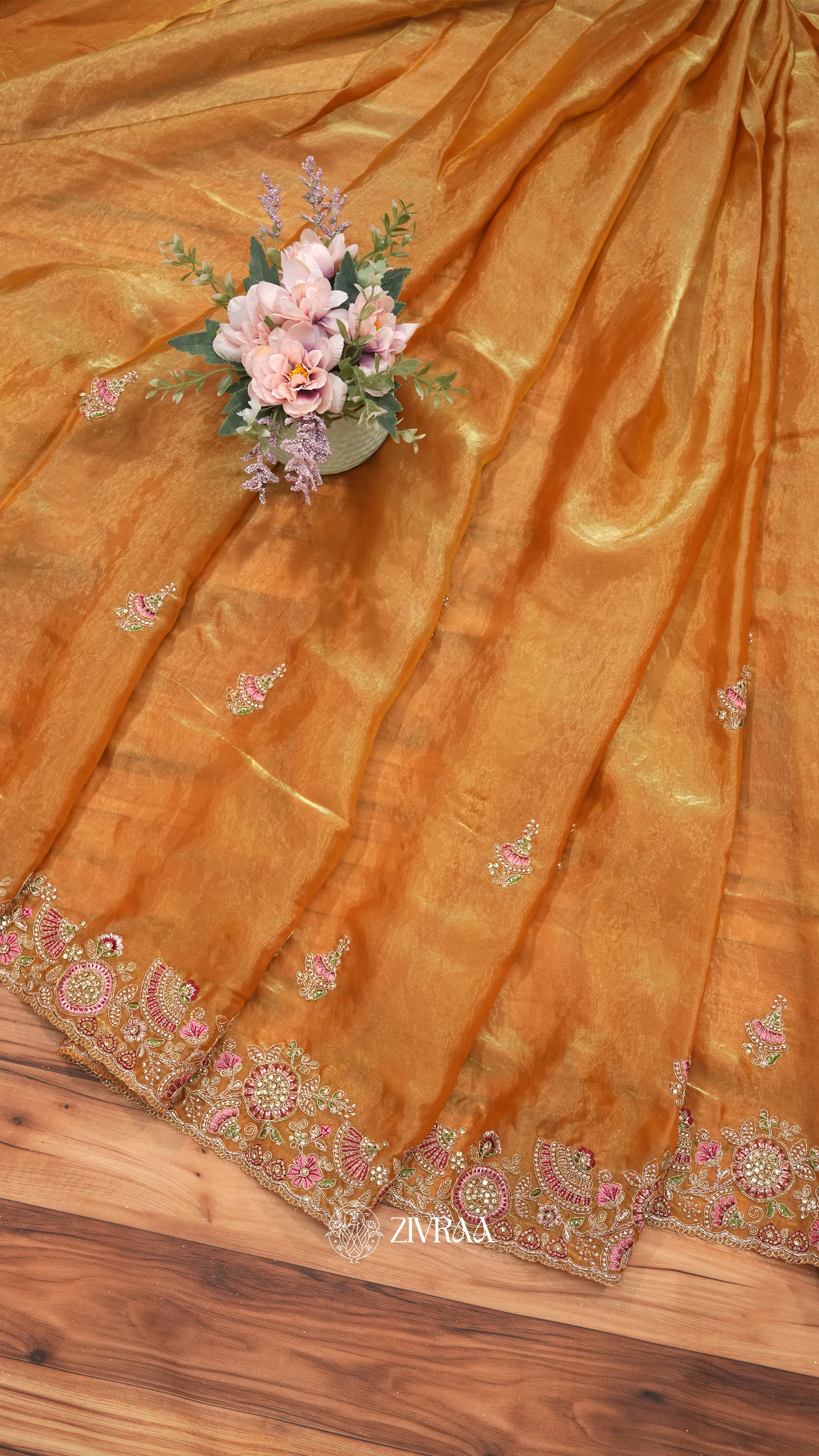 Sea Green shimmer silk Saree with Pink & Gold Floral Embroidery Border