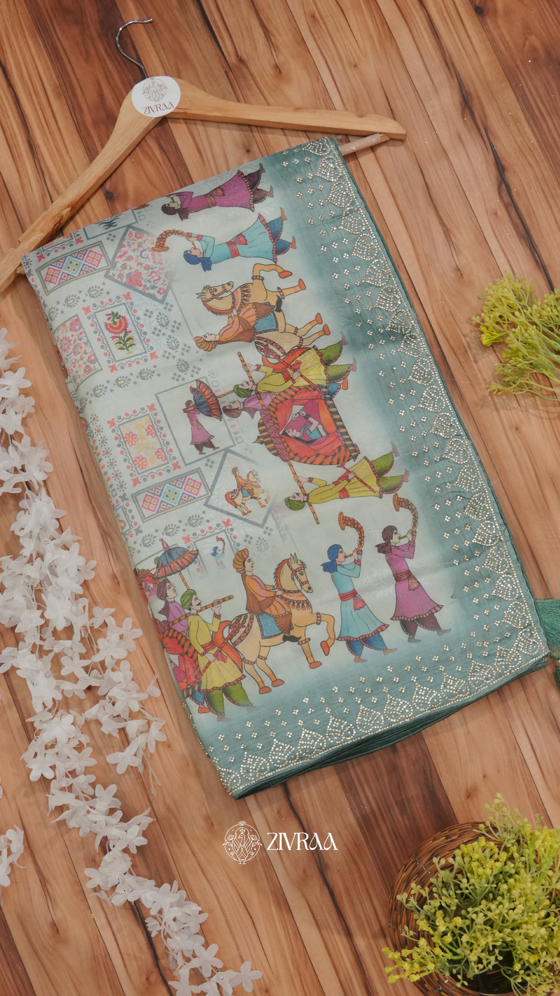 Lovender Folk Art Printed Saree with Traditional Rajasthani Motif & Zari Border