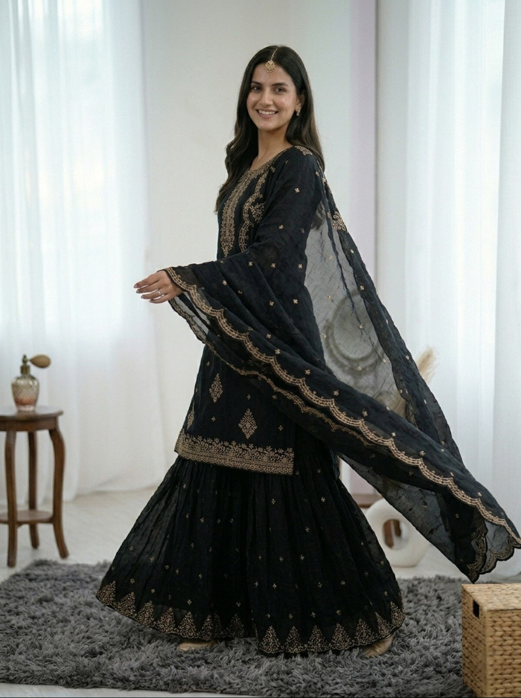 Black Embroidered Kurta Sharara Set with Dupatta | Heavy Crunchy Silk Festive Wear | Designer Ethnic Suit for Women