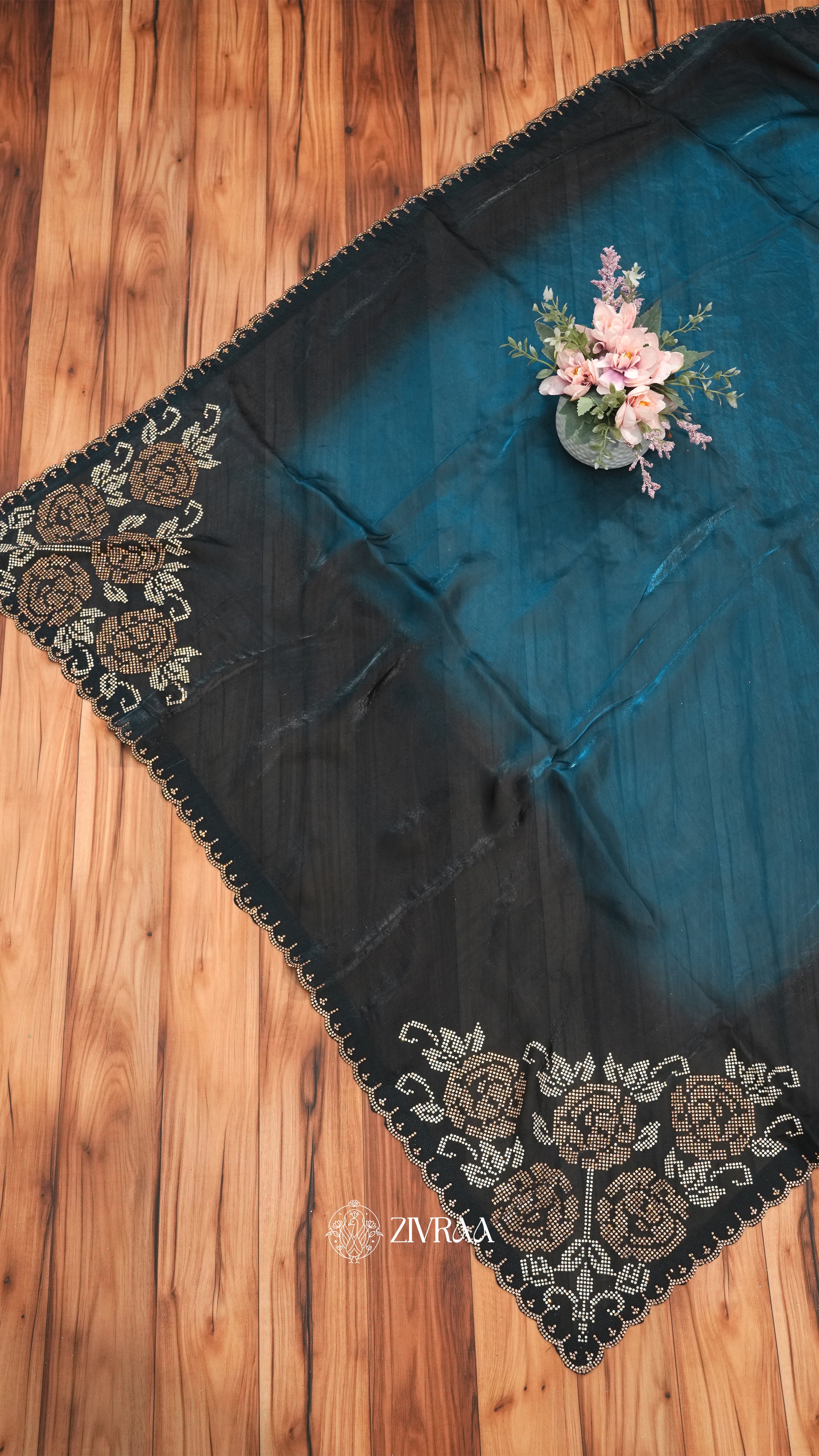 Black–Rani Ombre Designer Saree with Floral siroski Work Border