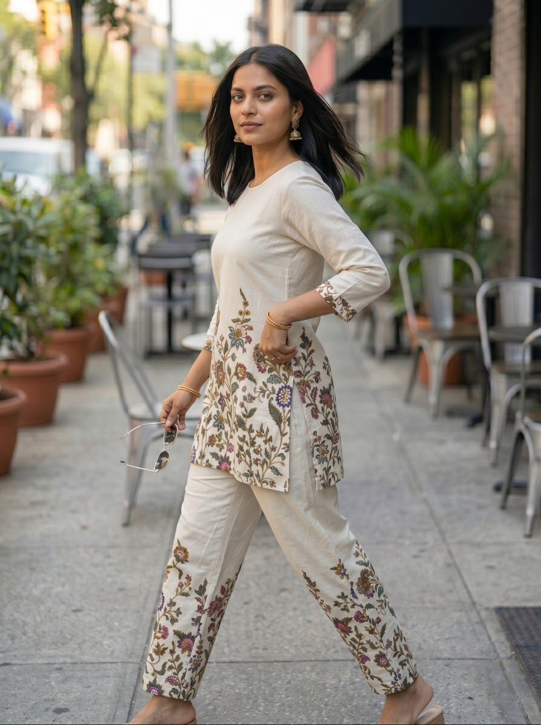 Women Off-White Floral Printed Khadi Cotton Co-Ord Set with Straight Kurta & Trousers