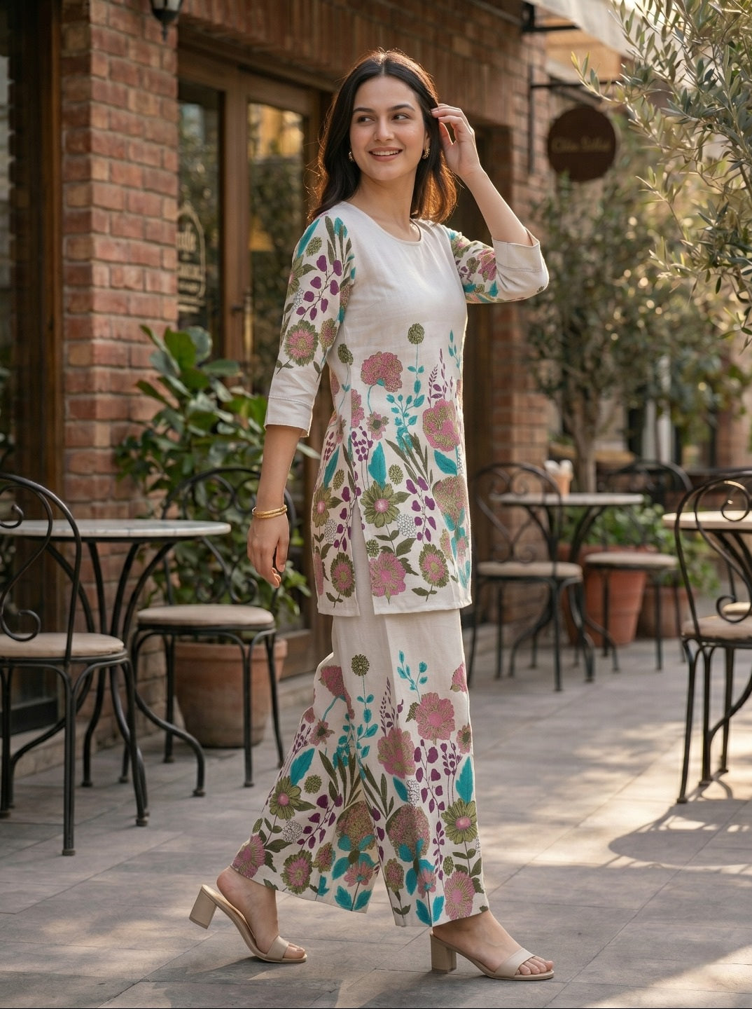 Women Off-White Multicolor Floral Printed Khadi Cotton Co-Ord Set with Straight Kurta & Trousers