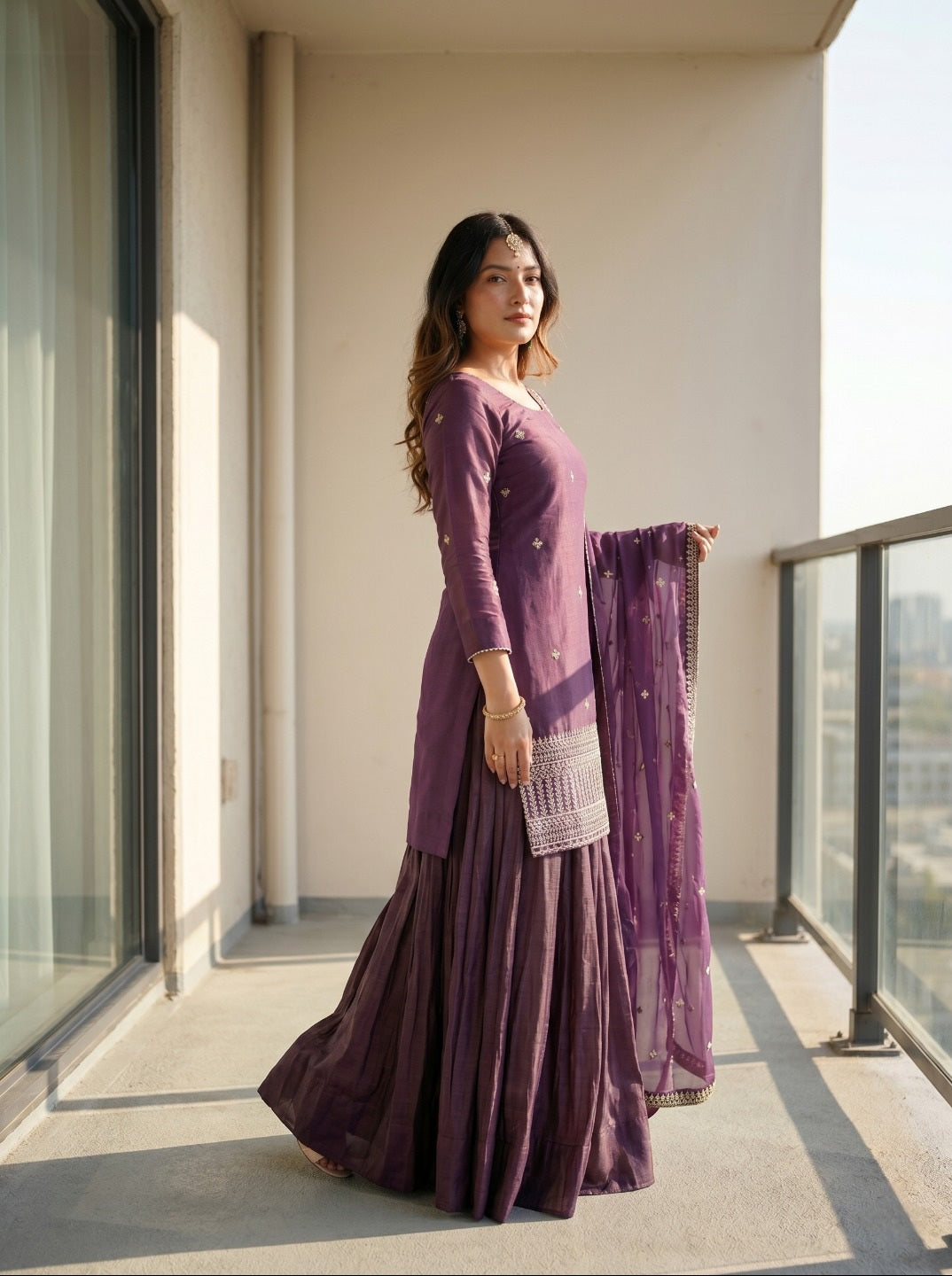 Purple Roman Shimmer Chanderi Silk Embroidered Kurta Sharara Set With Dupatta | Festive Ethnic Wear For Women