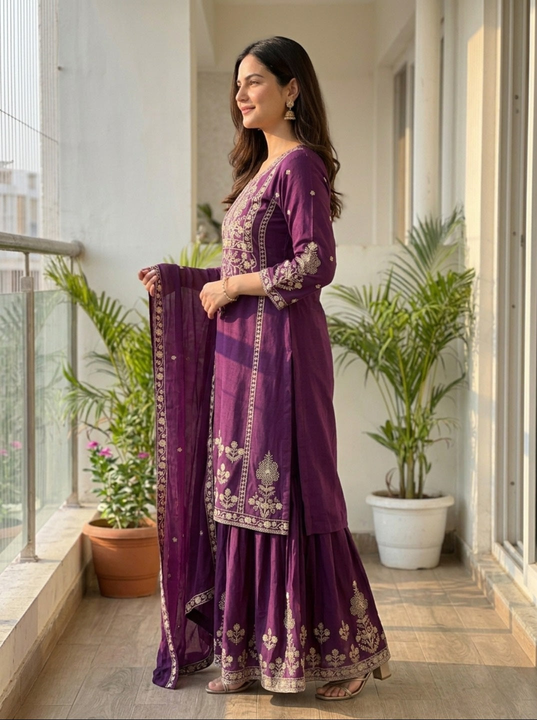 Purple Embroidered Chinnon Silk Kurta Set with Sharara & Dupatta | Festive 3-Piece Ethnic Set for Women