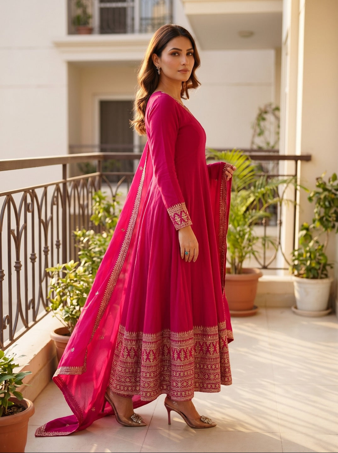 Women Darkpink Vichitra Silk Embroidered 3 Piece Kurta Set with Dupatta | Festive & Party Wear Ethnic Set